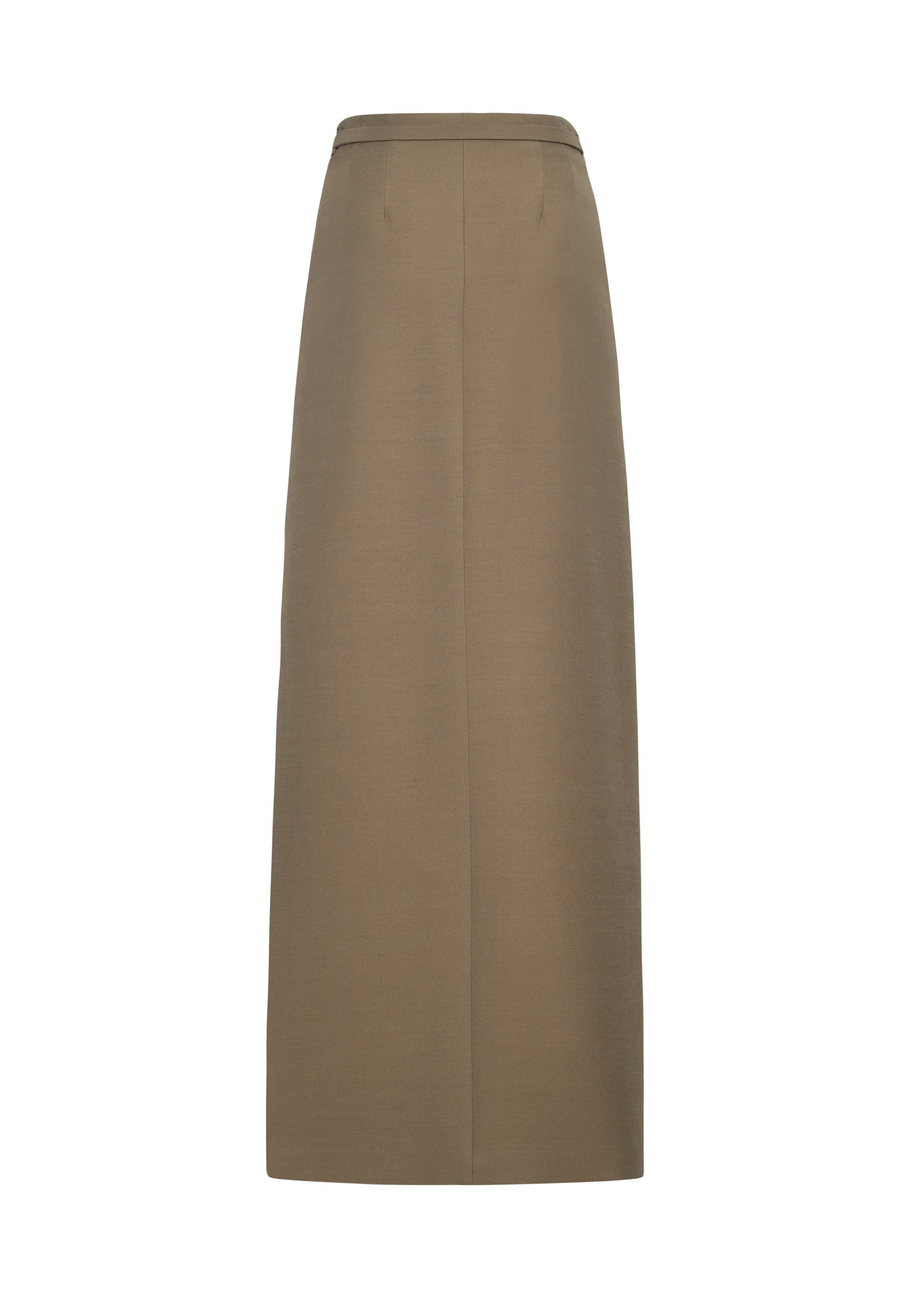 Ghost image back – Leto Skirt, P25412SW, Military Green – Adam Lippes, P25 collection:The Leto Skirt offers an elevated pencil silhouette, crafted from luxurious silk wool in a sophisticated military green hue. The sleek design is accentuated by a fabric-covered belt, cinching the waist for a tailored fit.