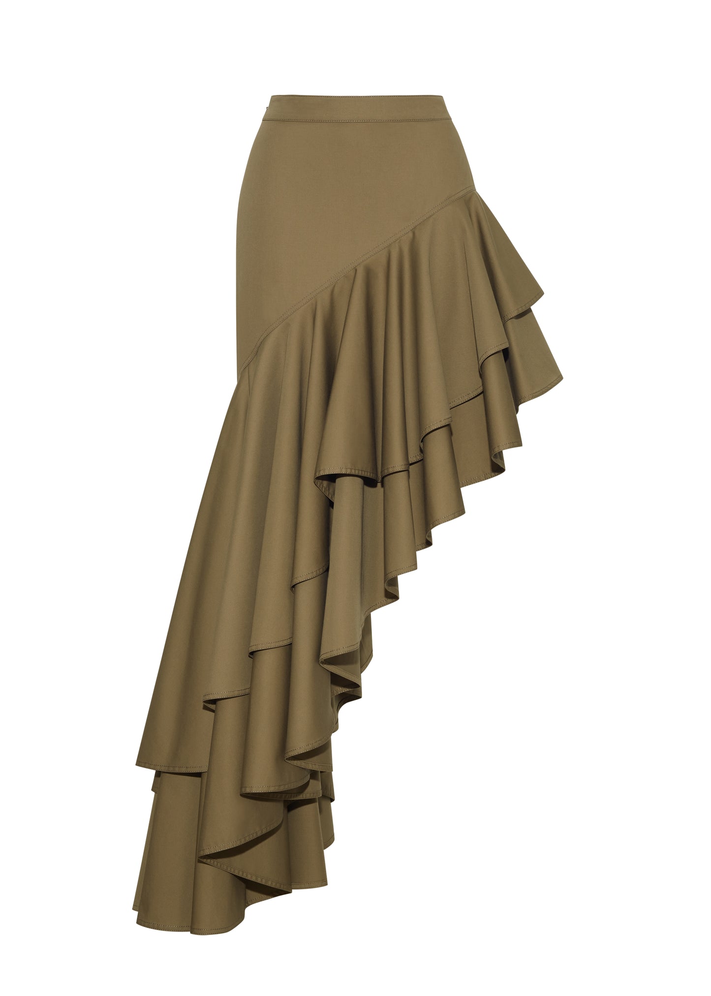 Ghost image front – Cortes Skirt, P25413CT, Military Green – Adam Lippes, P25 collection: A new shape from the atelier, the Cortés Skirt is crafted from cotton twill in a rich military green hue. Featuring a dramatic asymmetrical ruffle, this skirt adds dynamic movement and texture. The high-waisted fit and expertly placed ruffles make it a statement piece that effortlessly transitions from day to night.