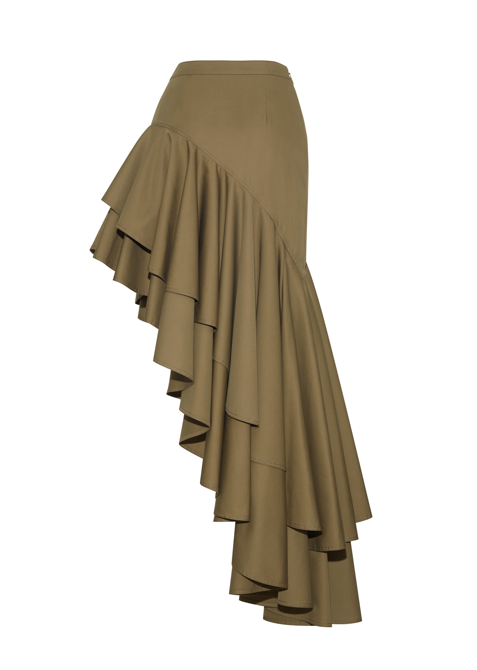 Ghost image back – Cortes Skirt, P25413CT, Military Green – Adam Lippes, P25 collection: A new shape from the atelier, the Cortés Skirt is crafted from cotton twill in a rich military green hue. Featuring a dramatic asymmetrical ruffle, this skirt adds dynamic movement and texture. The high-waisted fit and expertly placed ruffles make it a statement piece that effortlessly transitions from day to night.
