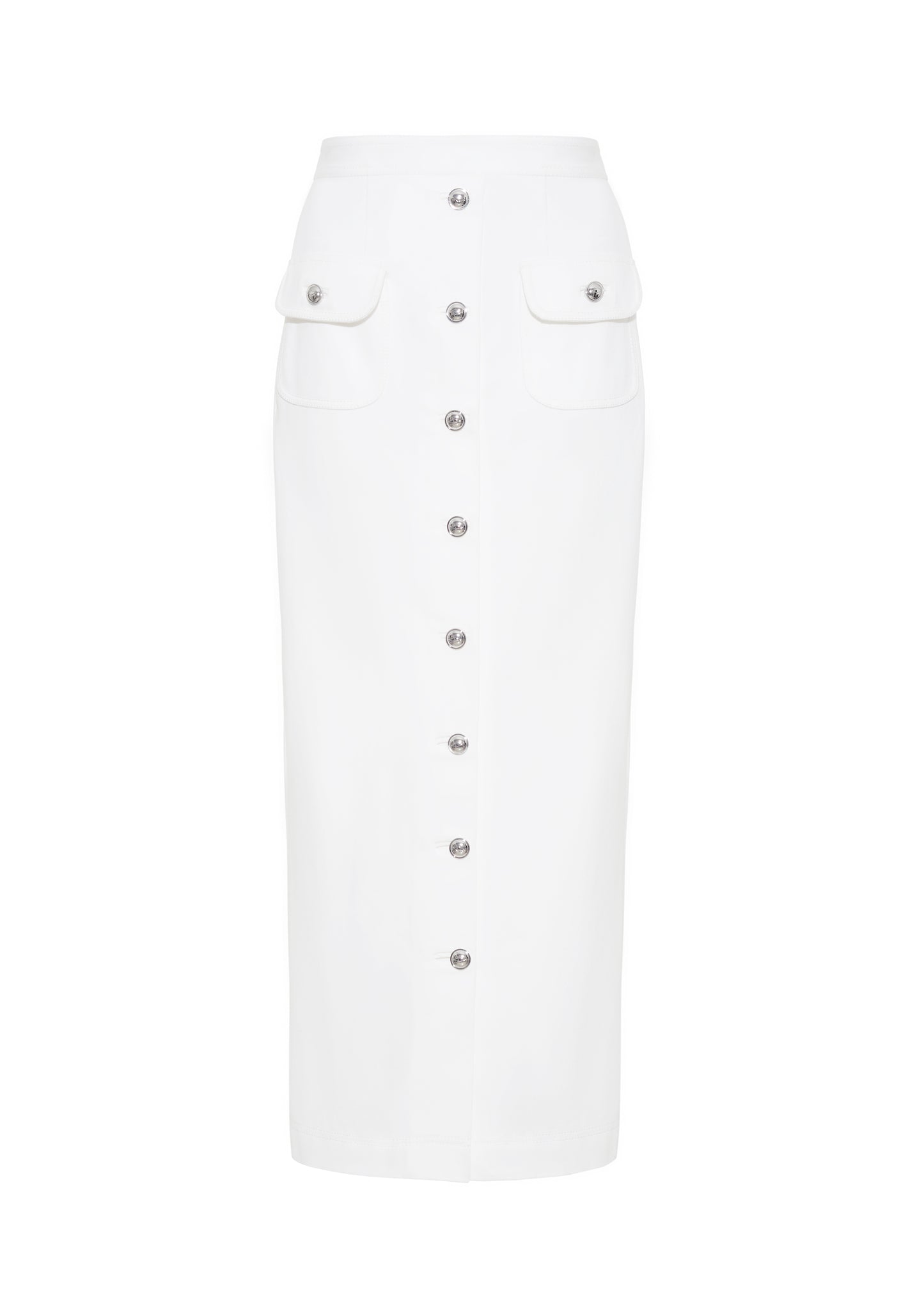 Ghost image front – Dakota Skirt, P25417WN, White – Adam Lippes, P25 collection: This classic skirt, crafted from Italian white denim, features elegant silver buttons cast with our iconic diamond monogram along the center front and functional front pockets. Featuring an invisible zipper for elegant wear, the tailored waist creates a defined silhouette. Pair with the Remo Top in White Denim for a complete look.