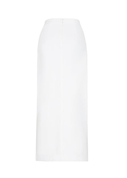 Ghost image back – Dakota Skirt, P25417WN, White – Adam Lippes, P25 collection: This classic skirt, crafted from Italian white denim, features elegant silver buttons cast with our iconic diamond monogram along the center front and functional front pockets. Featuring an invisible zipper for elegant wear, the tailored waist creates a defined silhouette. Pair with the Remo Top in White Denim for a complete look.