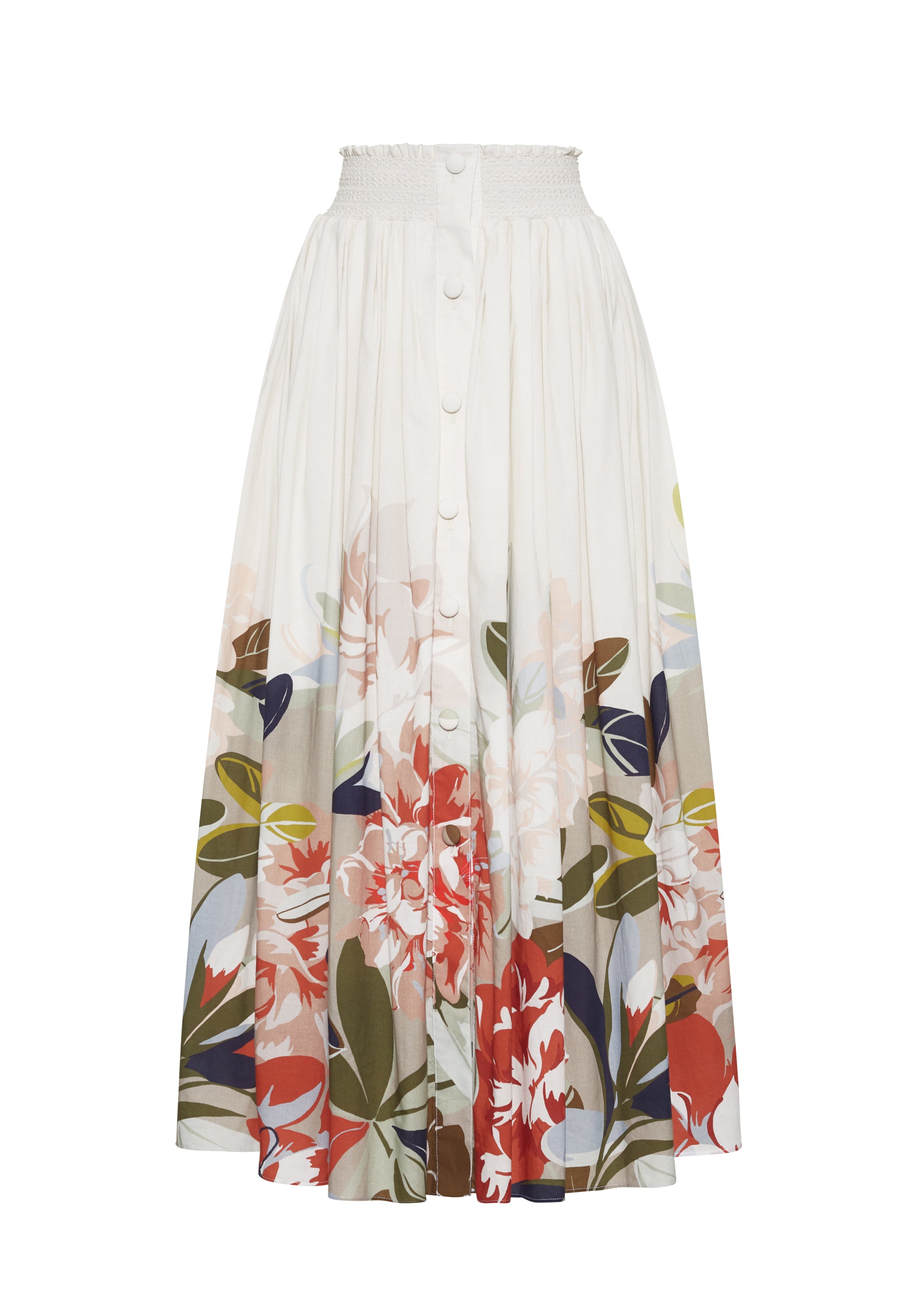Ghost image front – Lovisa Skirt, P25418PV, Champagne Multi – Adam Lippes, P25 collection: A signature shape from the atelier, the Lovisa Skirt is crafted from airy printed voile featuring a vibrant Sicily-inspired floral motif. Designed with a smocked waistband for a comfortable fit, the skirt is finished with fabric-covered buttons down the center front. Pair with the Bex Top in Printed Voile for a coordinated look.