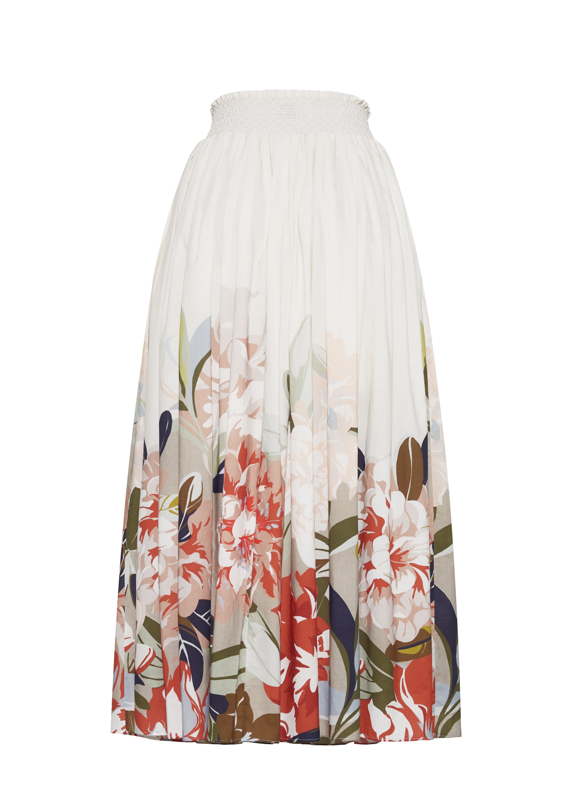 Ghost image back – Lovisa Skirt, P25418PV, Champagne Multi – Adam Lippes, P25 collection: A signature shape from the atelier, the Lovisa Skirt is crafted from airy printed voile featuring a vibrant Sicily-inspired floral motif. Designed with a smocked waistband for a comfortable fit, the skirt is finished with fabric-covered buttons down the center front. Pair with the Bex Top in Printed Voile for a coordinated look.