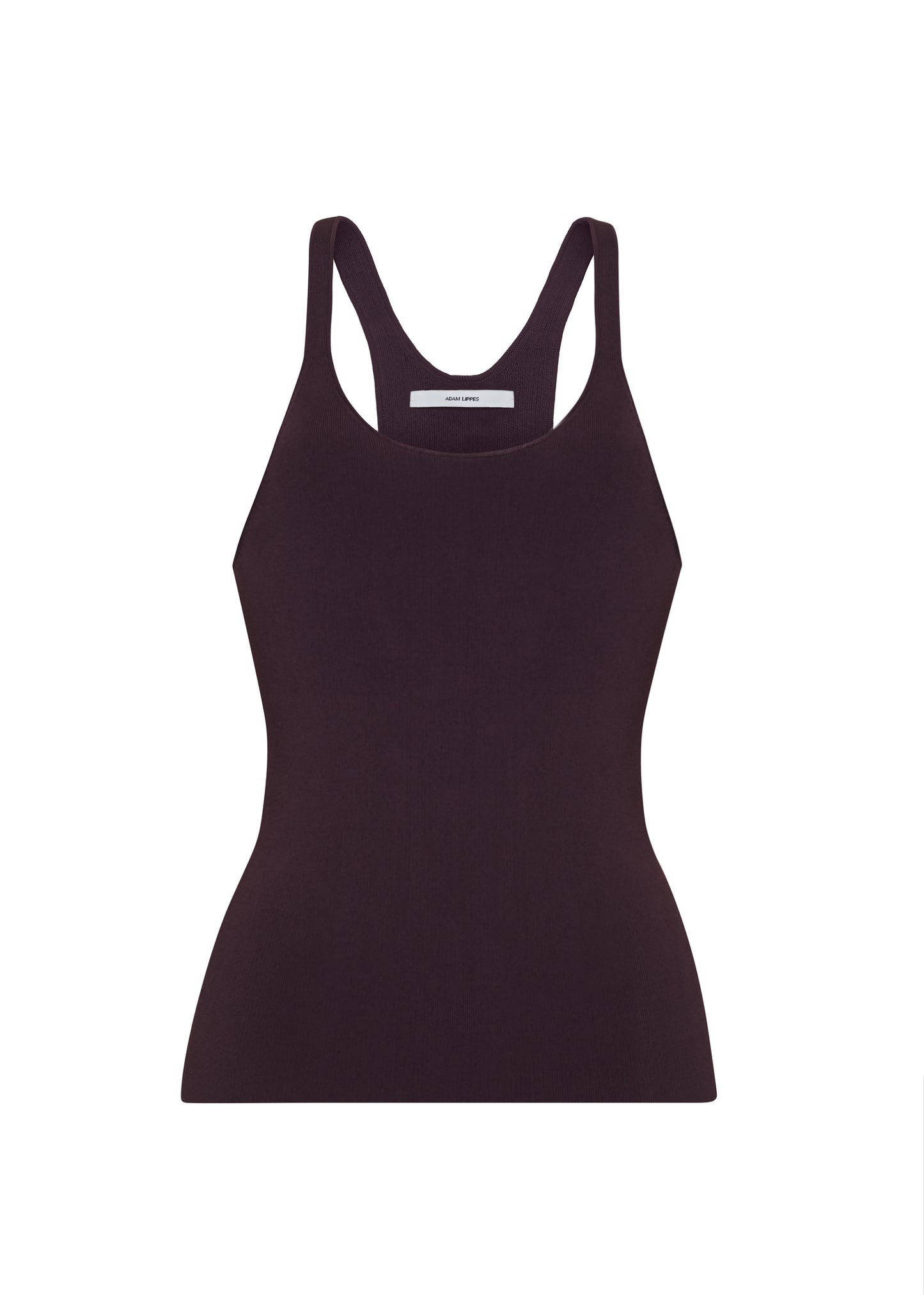 Ghost image front – lumii tank , P25601VI, cacao – Adam Lippes, P25 collection: A new silhouette from the atelier, the Lumii Tank is crafted from luxurious knitted viscose. Clean lines and athletic-inspired straps make it a versatile piece for layering or wearing alone.