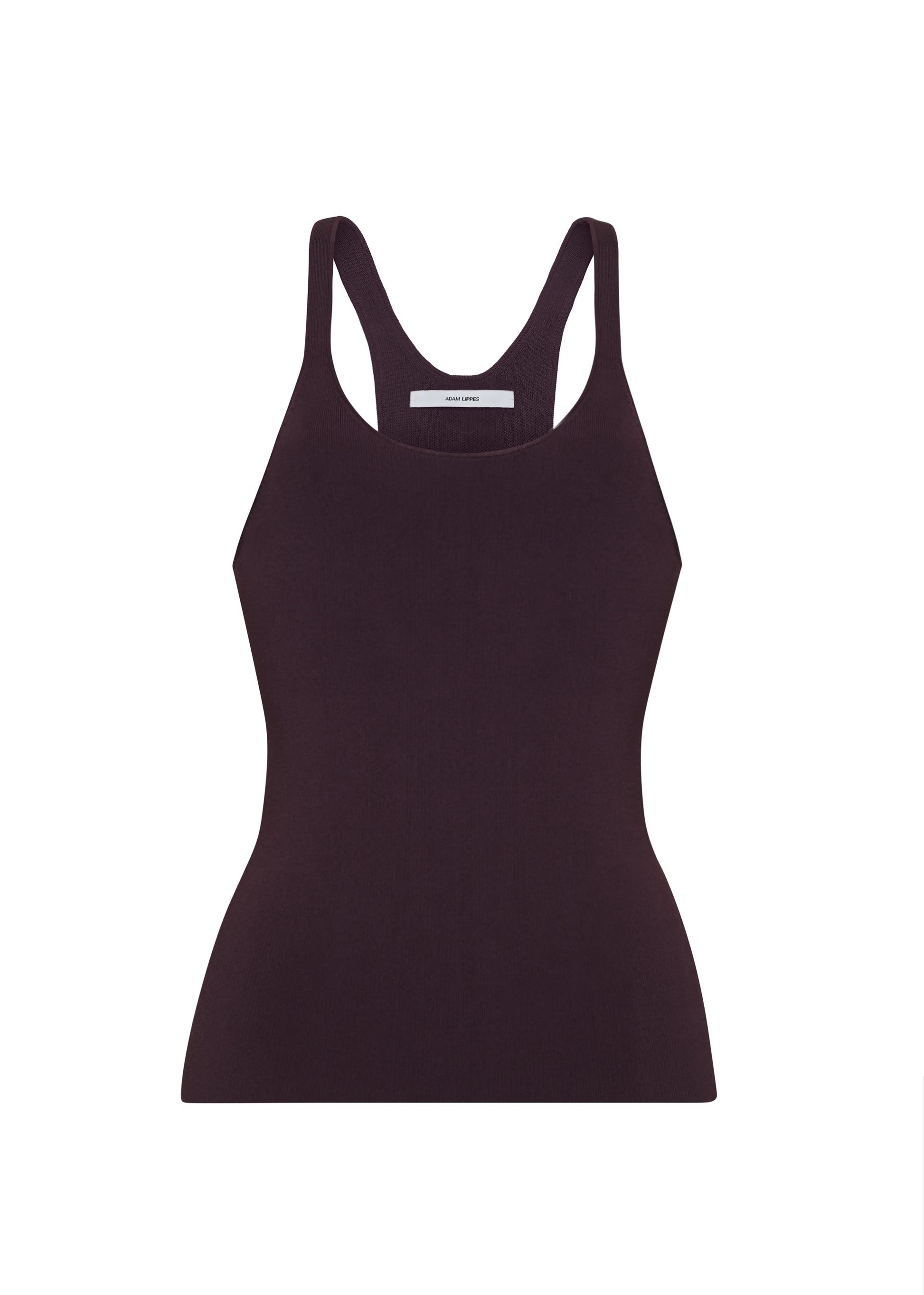 Ghost image front – lumii tank , P25601VI, cacao – Adam Lippes, P25 collection: A new silhouette from the atelier, the Lumii Tank is crafted from luxurious knitted viscose. Clean lines and athletic-inspired straps make it a versatile piece for layering or wearing alone.