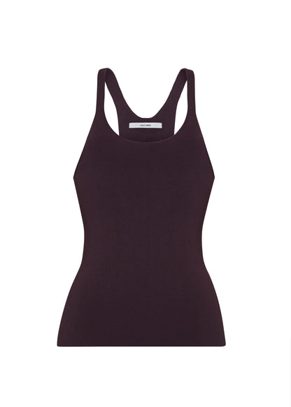 Ghost image front – lumii tank , P25601VI, cacao – Adam Lippes, P25 collection: A new silhouette from the atelier, the Lumii Tank is crafted from luxurious knitted viscose. Clean lines and athletic-inspired straps make it a versatile piece for layering or wearing alone.