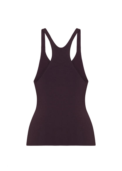 Ghost image back – lumii tank , P25601VI, cacao – Adam Lippes, P25 collection: A new silhouette from the atelier, the Lumii Tank is crafted from luxurious knitted viscose. Clean lines and athletic-inspired straps make it a versatile piece for layering or wearing alone.