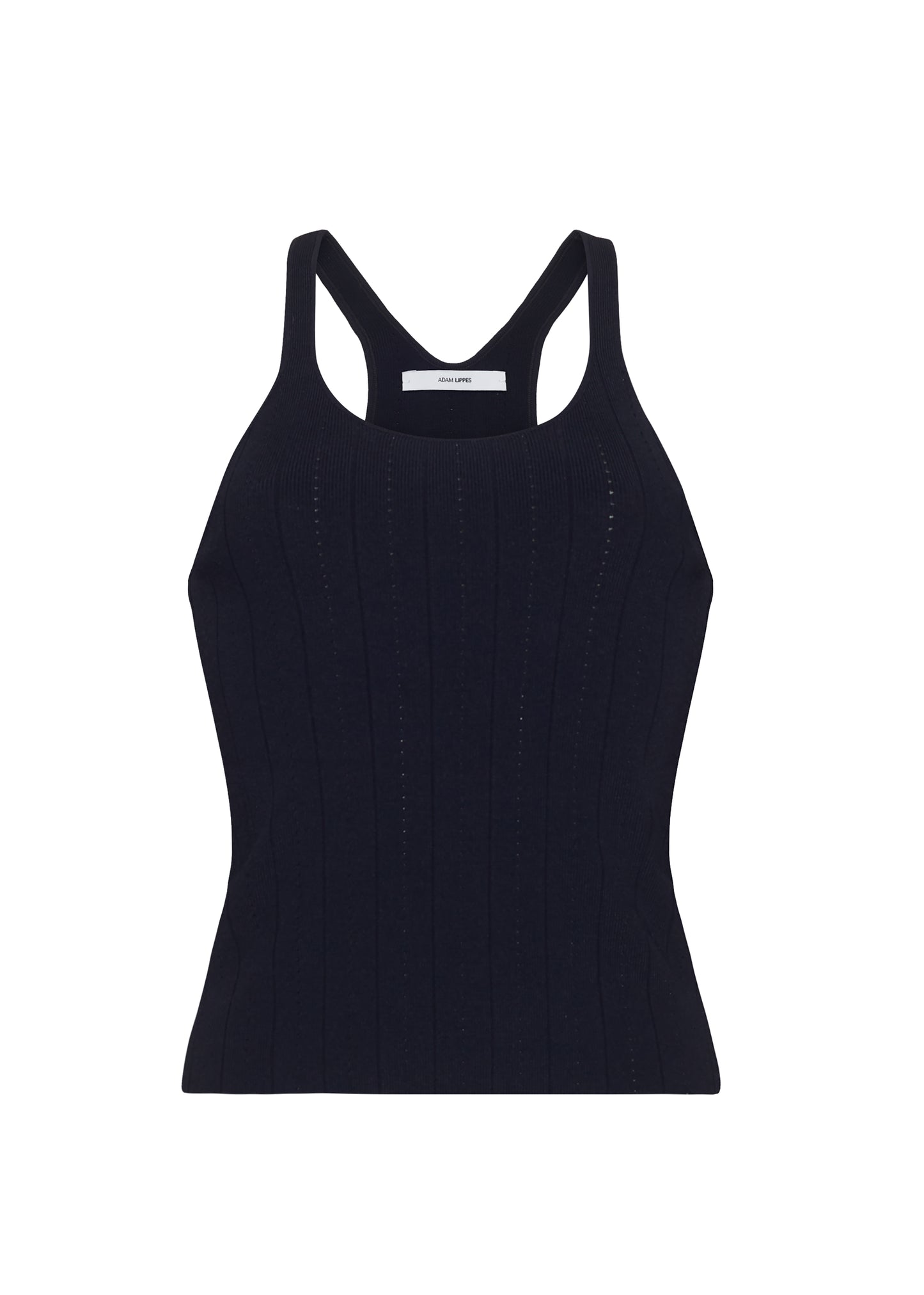 Ghost image front – lumii tank , P25624UB, black – Adam Lippes, P25 collection: A new silhouette from the atelier, the Lumii Tank is crafted from structured compact jacquard. Clean lines and athletic-inspired straps make it a versatile piece for layering or wearing alone.