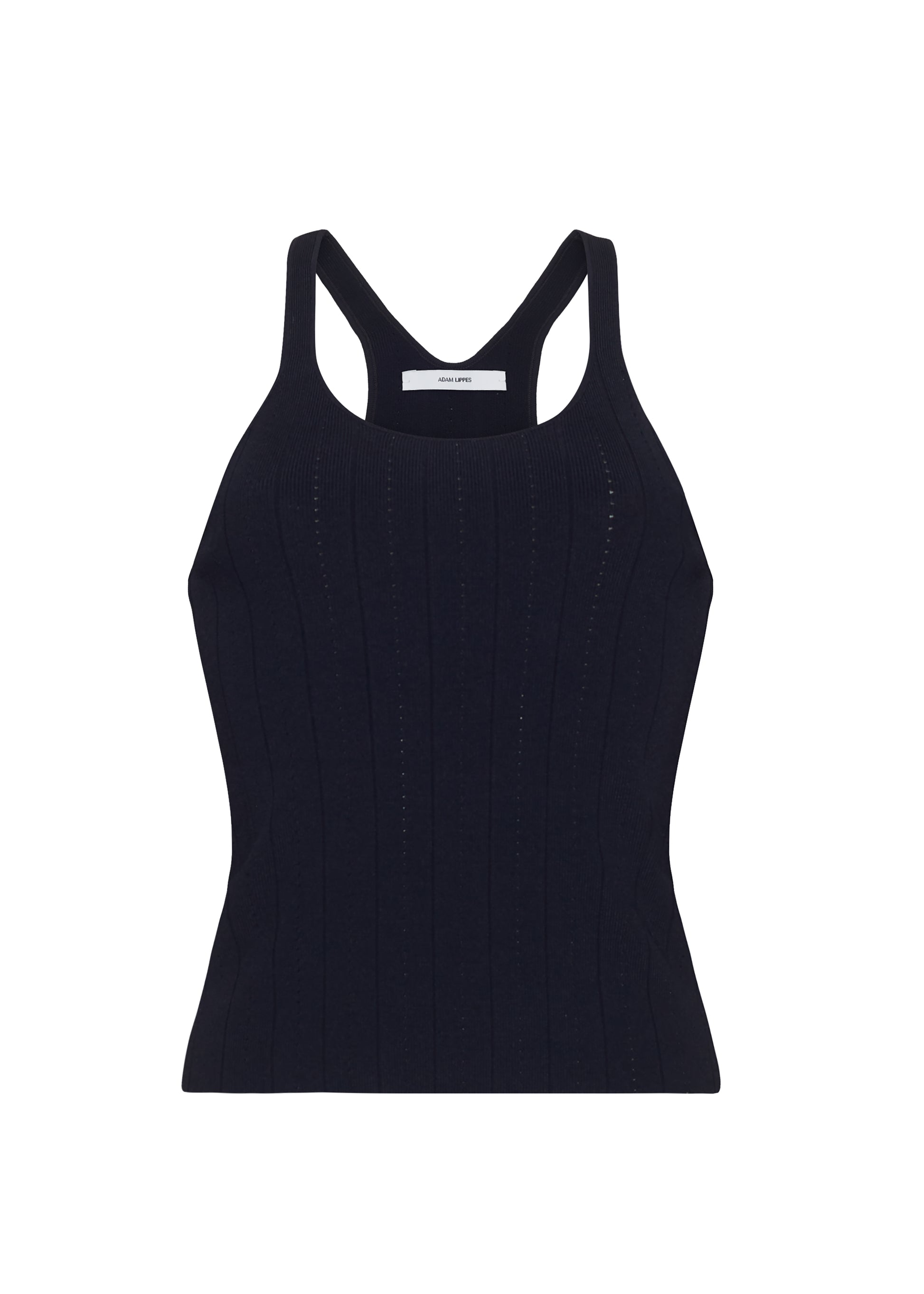 Ghost image front – lumii tank , P25624UB, black – Adam Lippes, P25 collection: A new silhouette from the atelier, the Lumii Tank is crafted from structured compact jacquard. Clean lines and athletic-inspired straps make it a versatile piece for layering or wearing alone.
