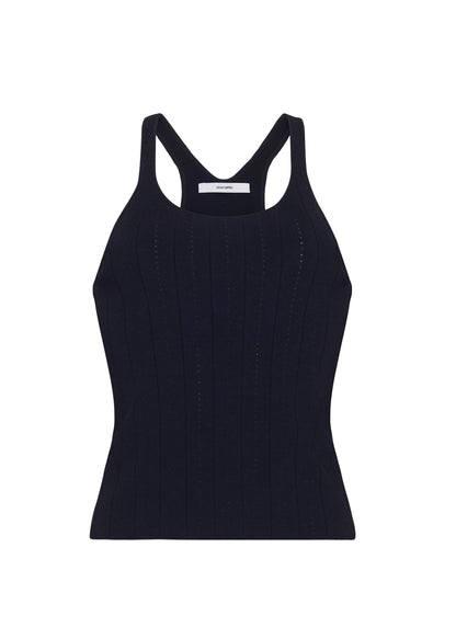 Ghost image front – lumii tank , P25624UB, black – Adam Lippes, P25 collection: A new silhouette from the atelier, the Lumii Tank is crafted from structured compact jacquard. Clean lines and athletic-inspired straps make it a versatile piece for layering or wearing alone.