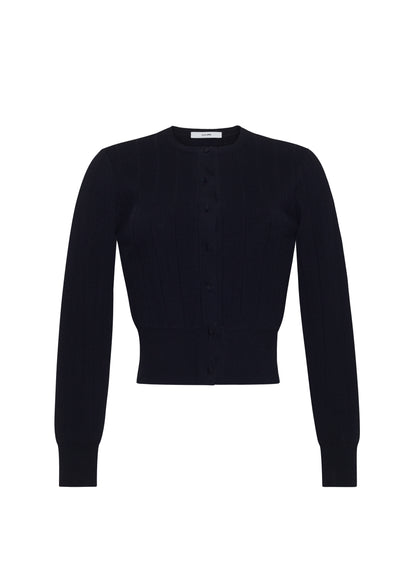 Ghost image front, P25625UB, Faye Cardigan in black, Adam Lippes P25 collection: A classic pointelle stitch cardigan, crafted in our signature compact jacquard. Designed with a fitted bodice and delicate stitching, the piece is finished with covered buttons along the front placket for a refined look.
