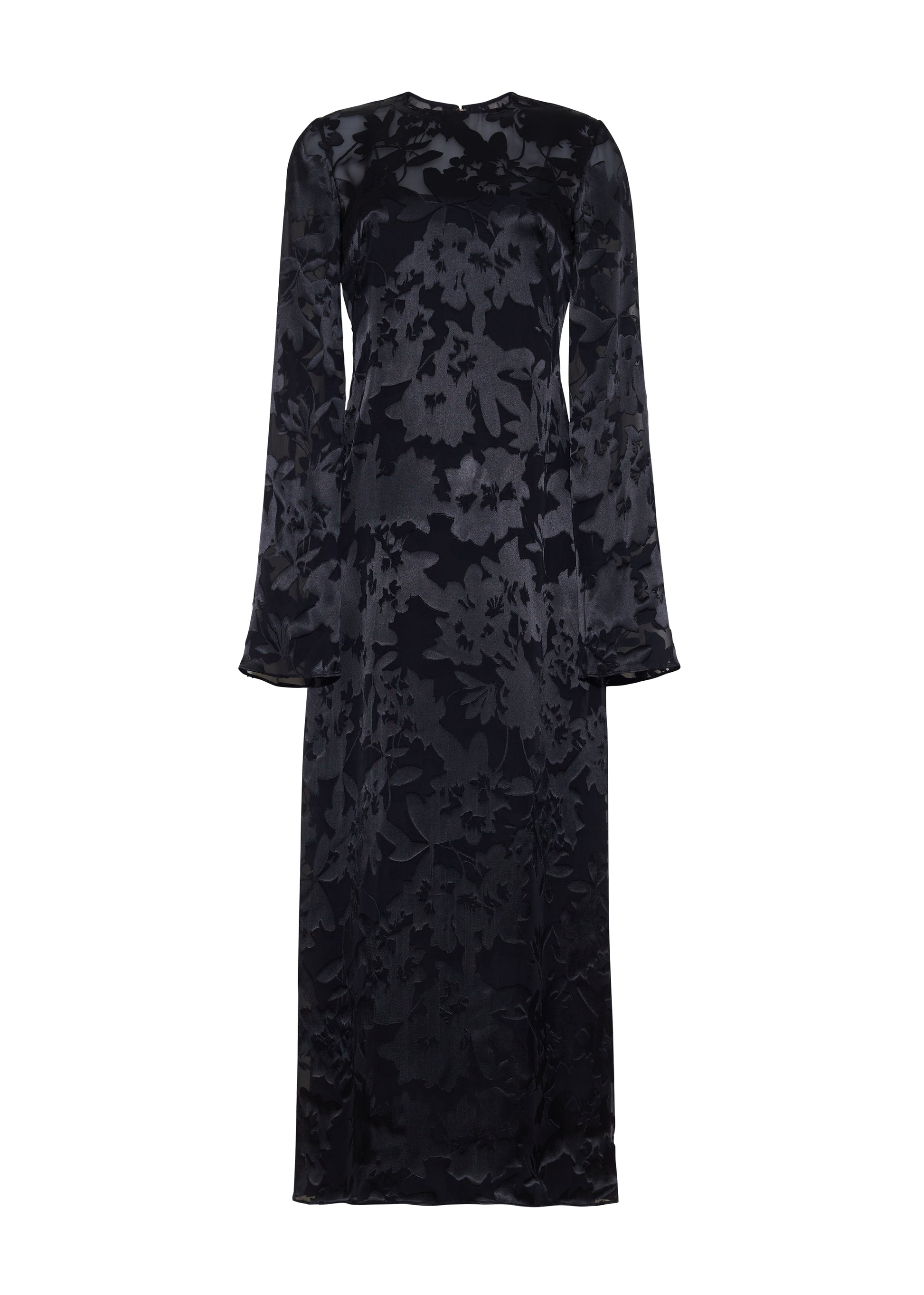 Ghost image front - The Sylvia Dress in Black, Adam Lippes P25 Collection: The Sylvia Dress in black Devore features a dramatic back cut-out, adding an alluring touch to the dress’s richly textured floral design. Complete with a detachable silk cami dress, this stunning piece offers both versatility and timeless sophistication.