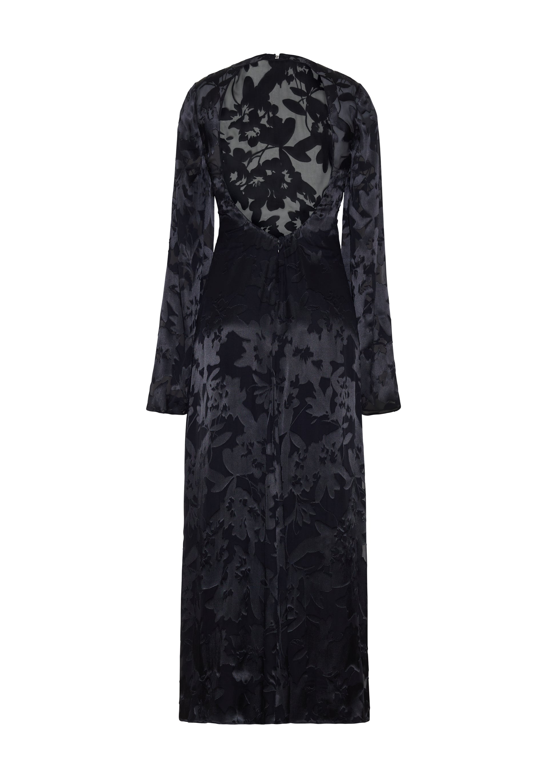 Ghost image back- The Sylvia Dress in Black, Adam Lippes P25 Collection: The Sylvia Dress in black Devore features a dramatic back cut-out, adding an alluring touch to the dress’s richly textured floral design. Complete with a detachable silk cami dress, this stunning piece offers both versatility and timeless sophistication.