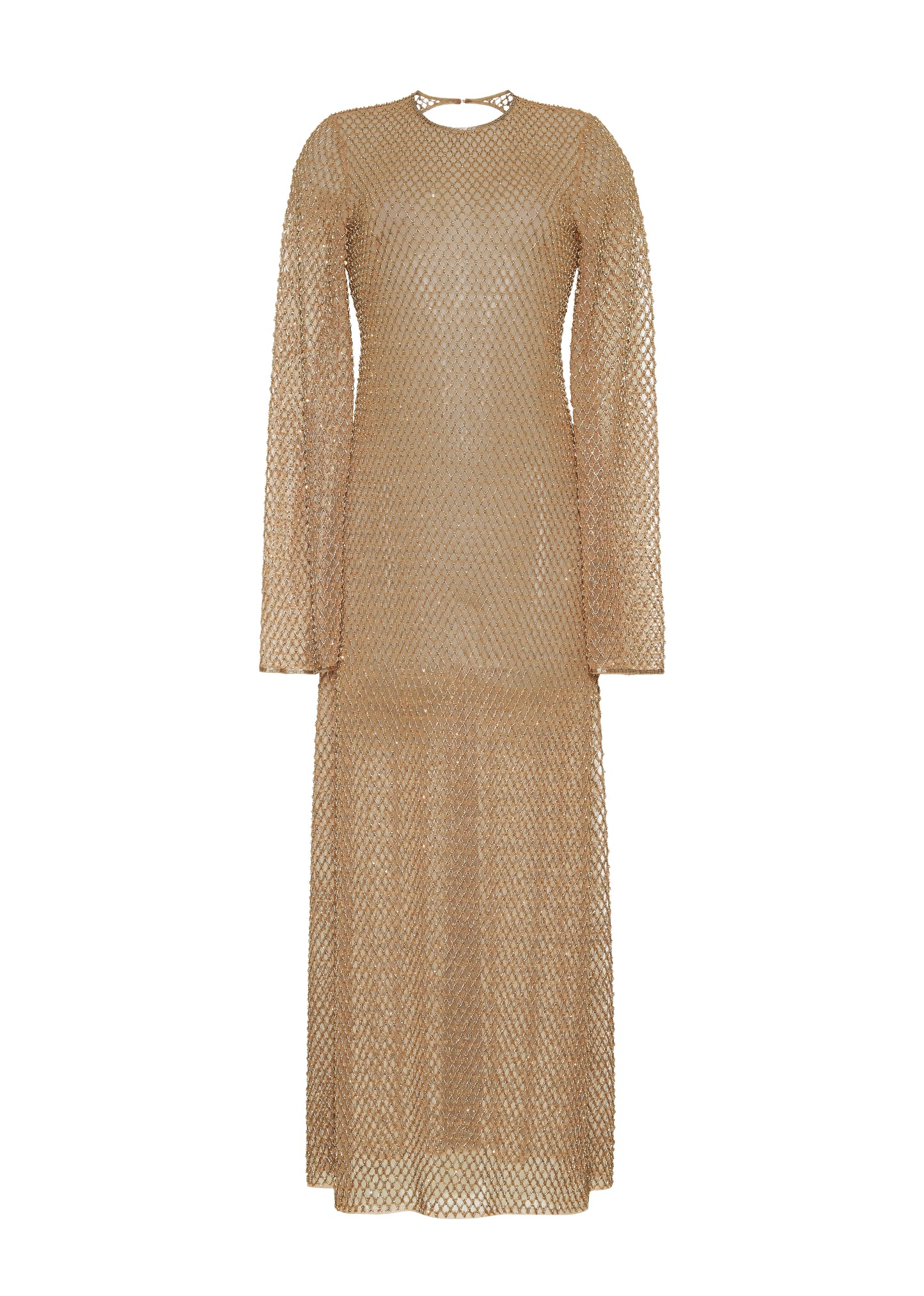 Ghost image front, Image of the Sylvia Dress in Gold, P25 Adam Lippes collection; The Sylvia Dress in gold glass beaded tulle features intricate hand-beading, a process that takes multiple days, arranged in the signature diamond motif pattern for a striking visual effect. Designed with an elegant open back and a detachable cami, this dress offers versatile styling options with maximum impact.