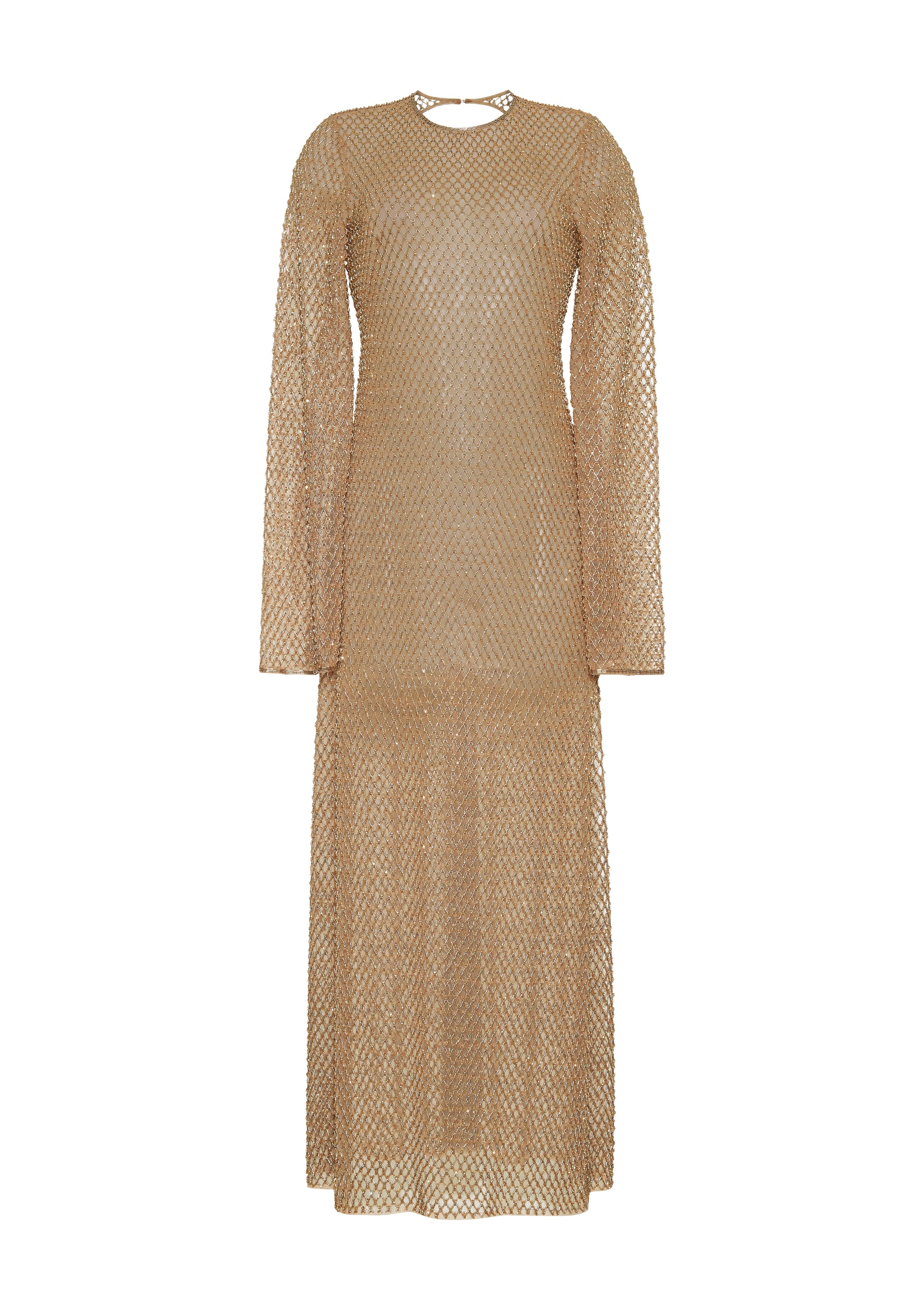 Ghost image front, Image of the Sylvia Dress in Gold, P25 Adam Lippes collection; The Sylvia Dress in gold glass beaded tulle features intricate hand-beading, a process that takes multiple days, arranged in the signature diamond motif pattern for a striking visual effect. Designed with an elegant open back and a detachable cami, this dress offers versatile styling options with maximum impact.