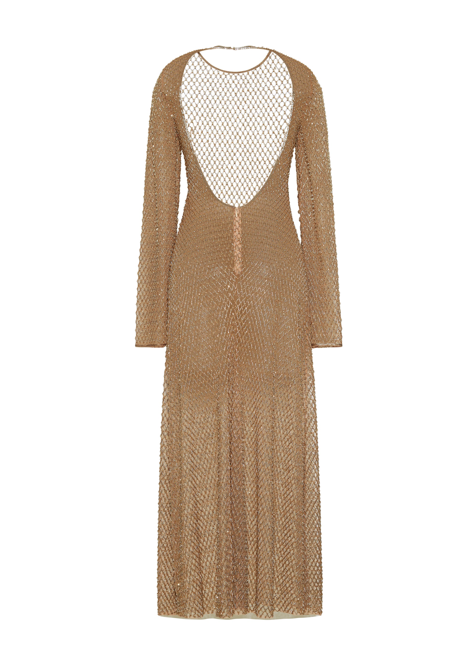 Ghost image back, Image of the Sylvia Dress in Gold, P25 Adam Lippes collection; The Sylvia Dress in gold glass beaded tulle features intricate hand-beading, a process that takes multiple days, arranged in the signature diamond motif pattern for a striking visual effect. Designed with an elegant open back and a detachable cami, this dress offers versatile styling options with maximum impact.