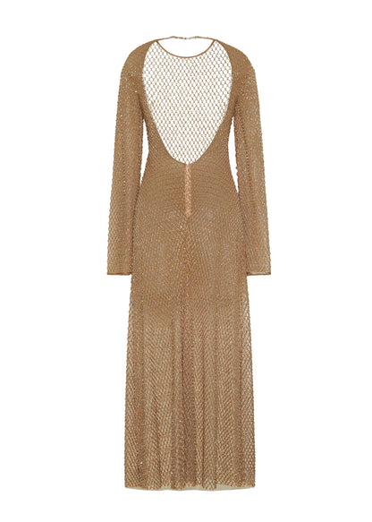 Ghost image back, Image of the Sylvia Dress in Gold, P25 Adam Lippes collection; The Sylvia Dress in gold glass beaded tulle features intricate hand-beading, a process that takes multiple days, arranged in the signature diamond motif pattern for a striking visual effect. Designed with an elegant open back and a detachable cami, this dress offers versatile styling options with maximum impact.