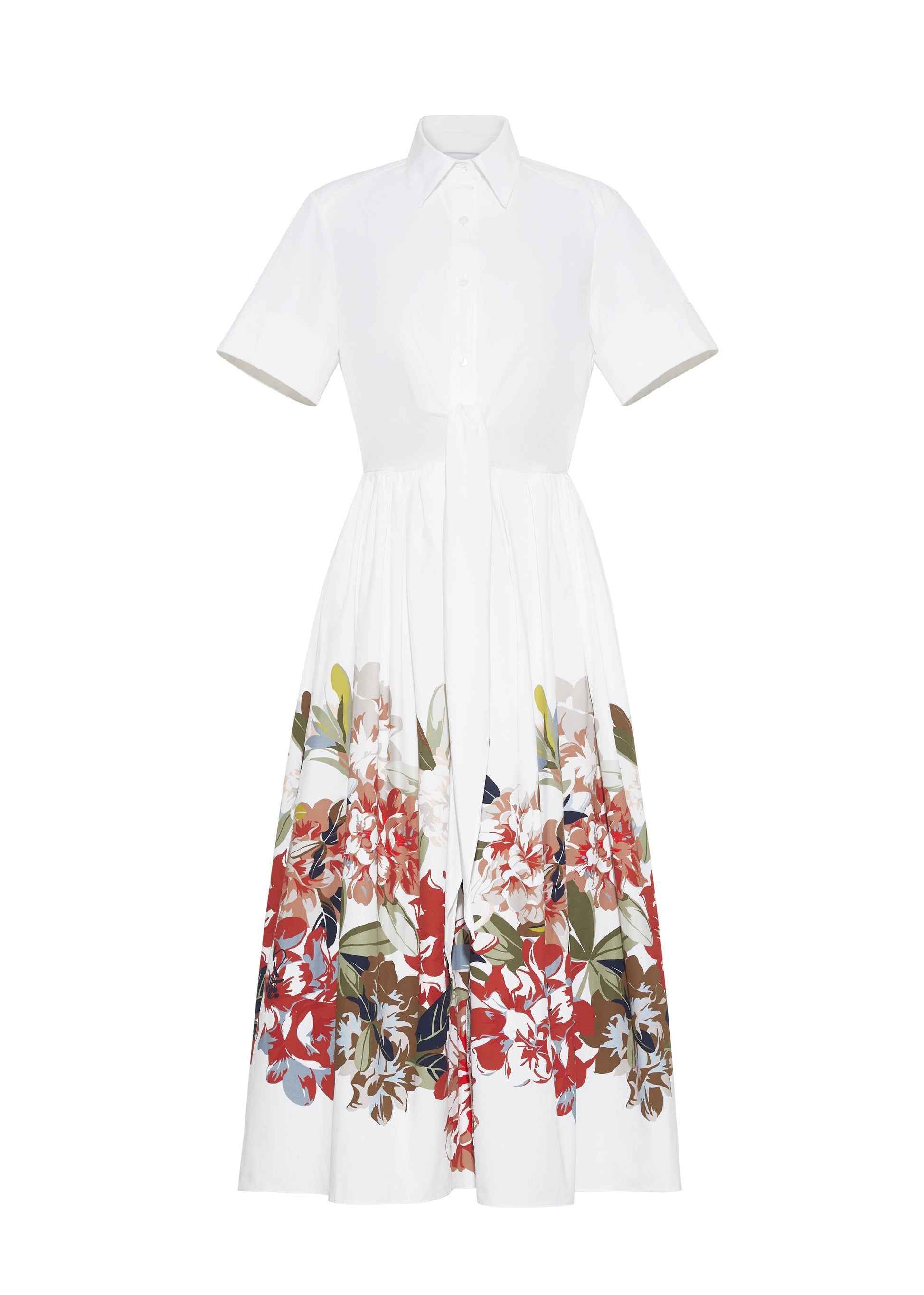 ghost image front Attacher Dress in white multi, P25 Collection from Adam Lippes; Our classic Attacher silhouette returns, crafted from Italian cotton poplin and printed with this season’s Sicily-inspired floral motif. Featuring side pockets and diamond monogram mother of pearl buttons, the attached waist sash can be tied at the front or back to cinch the waist.