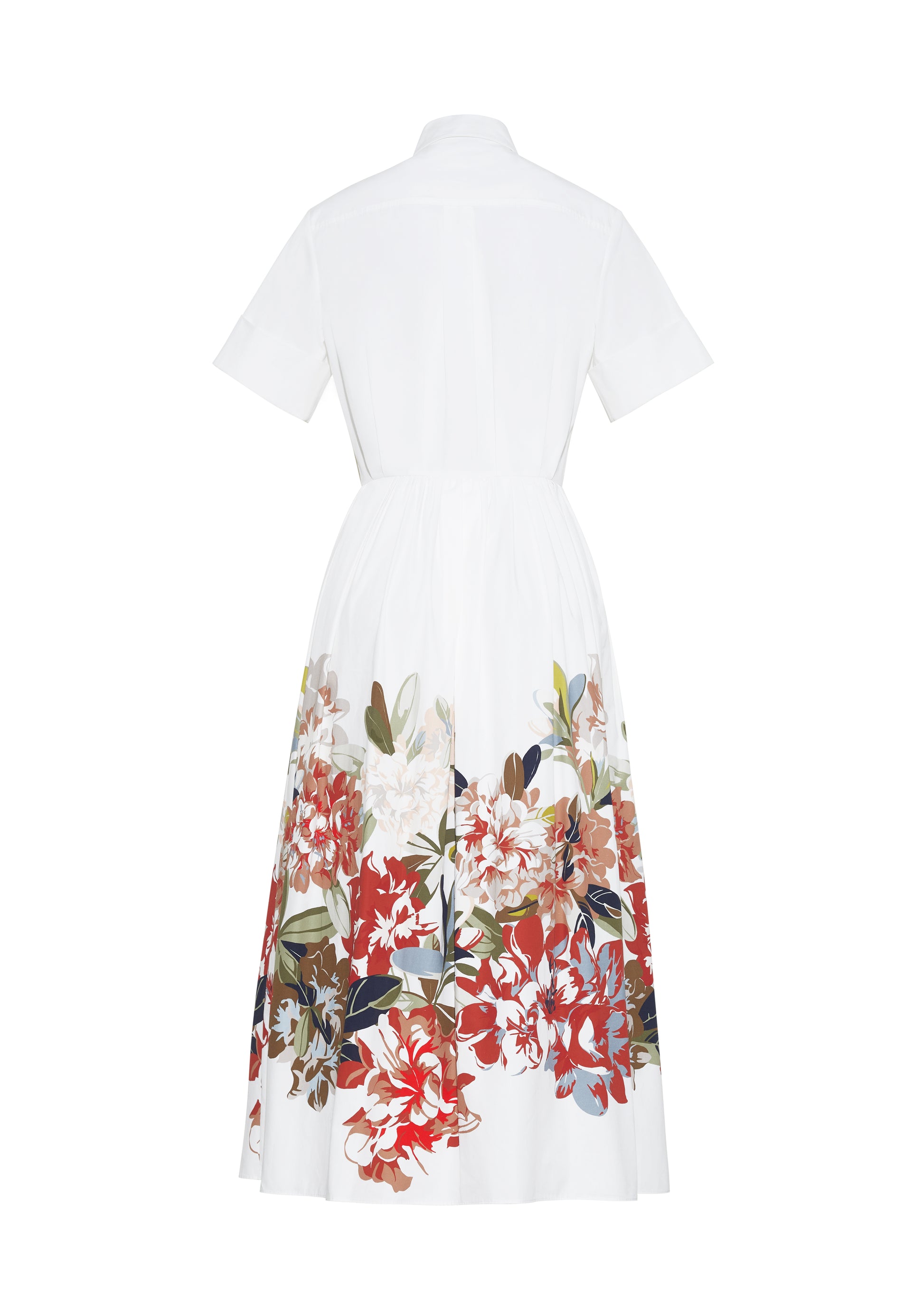Ghost image back Attacher Dress in white multi, P25 Collection from Adam Lippes; Our classic Attacher silhouette returns, crafted from Italian cotton poplin and printed with this season’s Sicily-inspired floral motif. Featuring side pockets and diamond monogram mother of pearl buttons, the attached waist sash can be tied at the front or back to cinch the waist.
