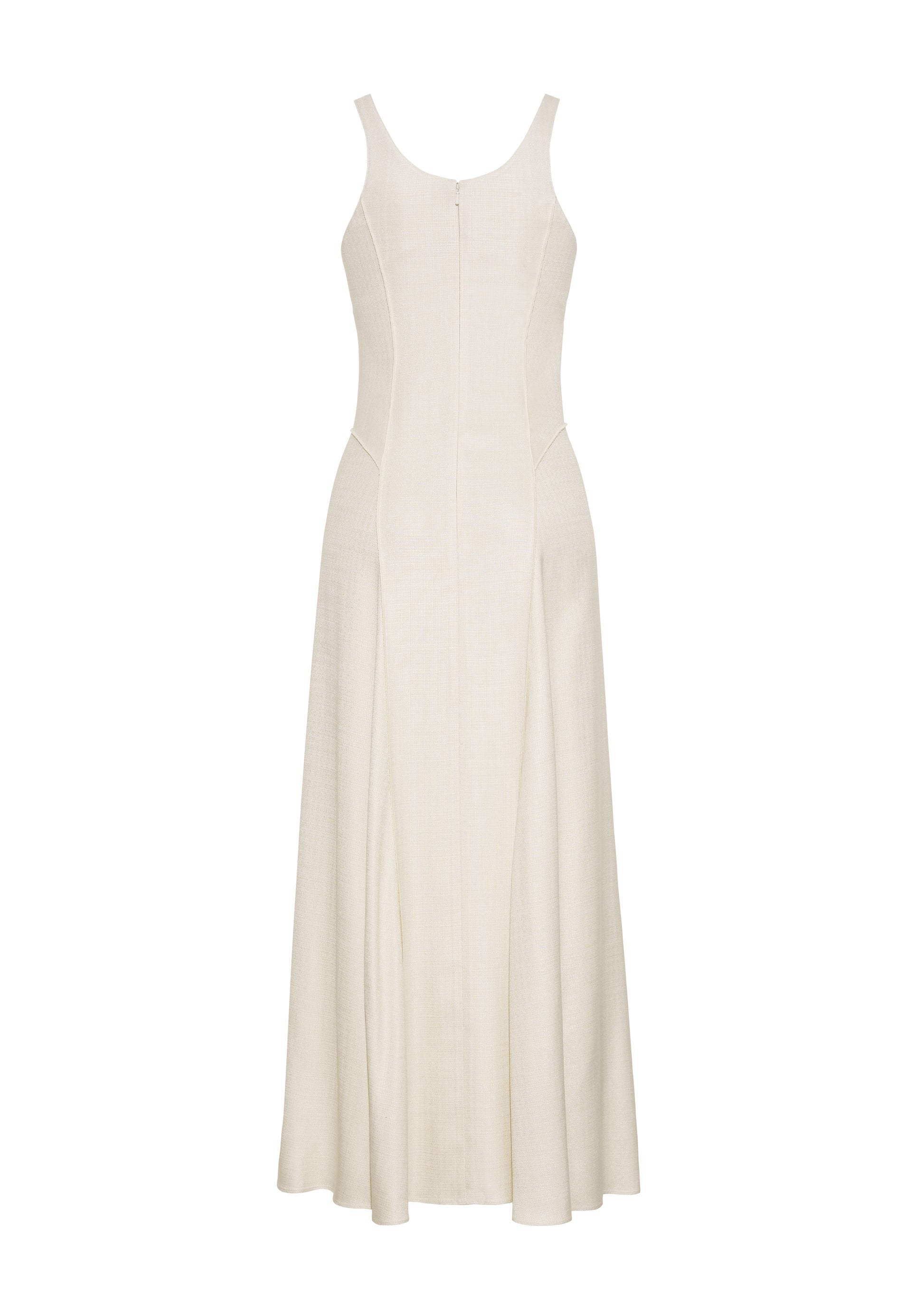 Ghost image back, P25718TR, Shay Dress in Ivory, Crafted from versatile stretch canvas, the Shay dress features a structured silhouette with a softly contoured waistline and fluid, voluminous skirt. A scoop neckline and tailored side seams create an elongating effect.