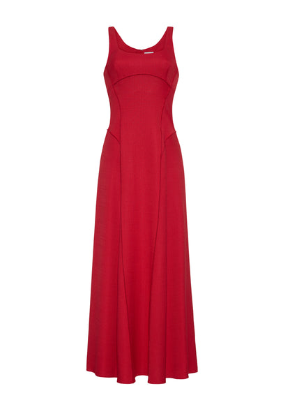 Ghost image front, P25718TR, Shay Dress in Poppy, Crafted from versatile stretch canvas, the Shay dress features a structured silhouette with a softly contoured waistline and fluid, voluminous skirt. A scoop neckline and tailored side seams create an elongating effect.