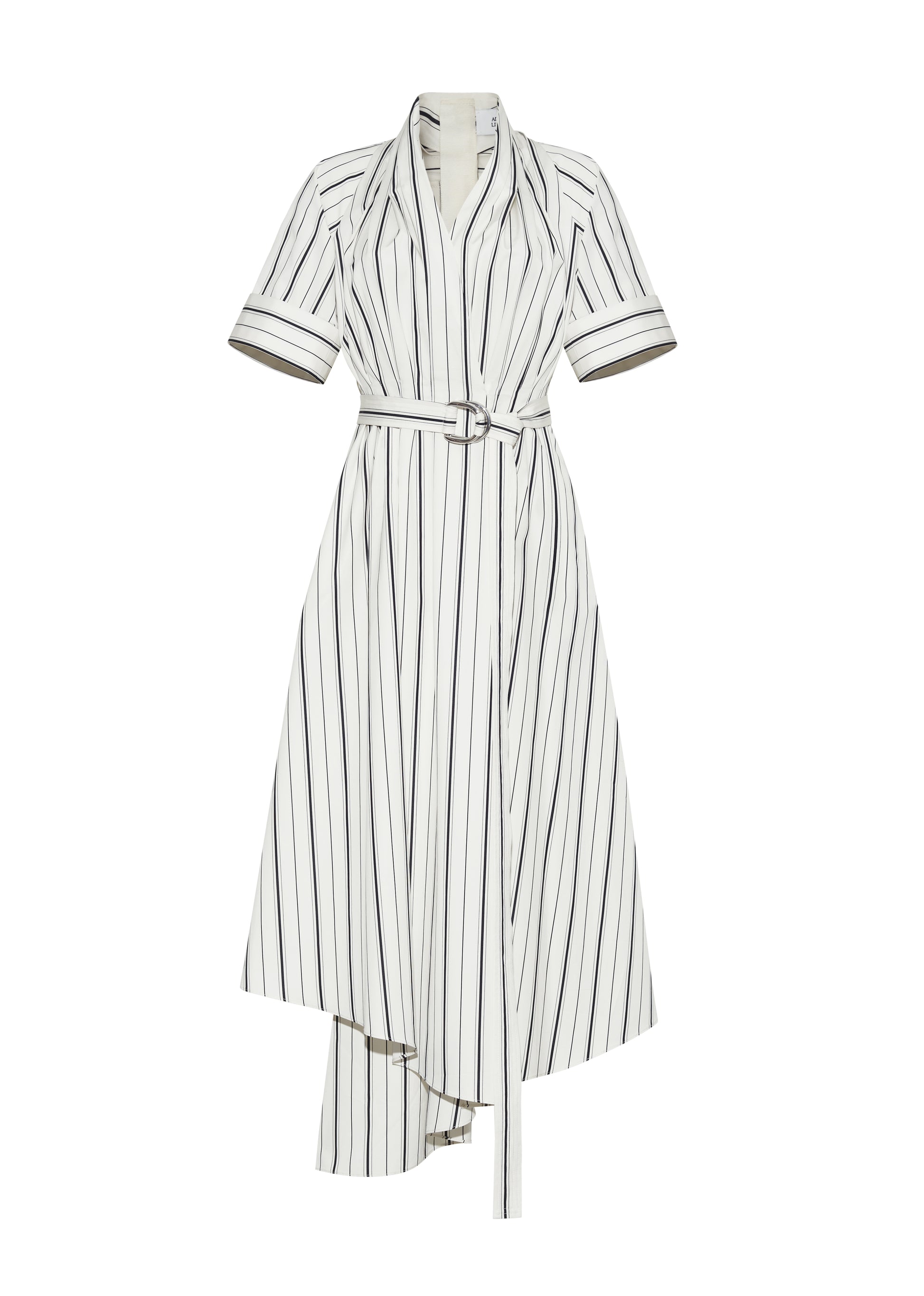 Ghost front image P25723SS, Ivory/Black, P25 Adam Lippes collection: The Nansi Dress is crafted from crisp stripe poplin in ivory and black, featuring an asymmetrical hem that adds a modern twist to a classic design. A sleek V-neckline and short sleeves enhance its effortless sophistication, while a fabric belt cinches the waist for a defined silhouette.