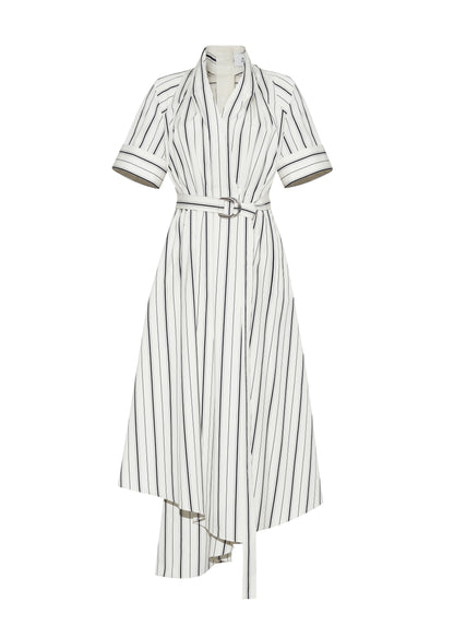Ghost front image P25723SS, Ivory/Black, P25 Adam Lippes collection: The Nansi Dress is crafted from crisp stripe poplin in ivory and black, featuring an asymmetrical hem that adds a modern twist to a classic design. A sleek V-neckline and short sleeves enhance its effortless sophistication, while a fabric belt cinches the waist for a defined silhouette.