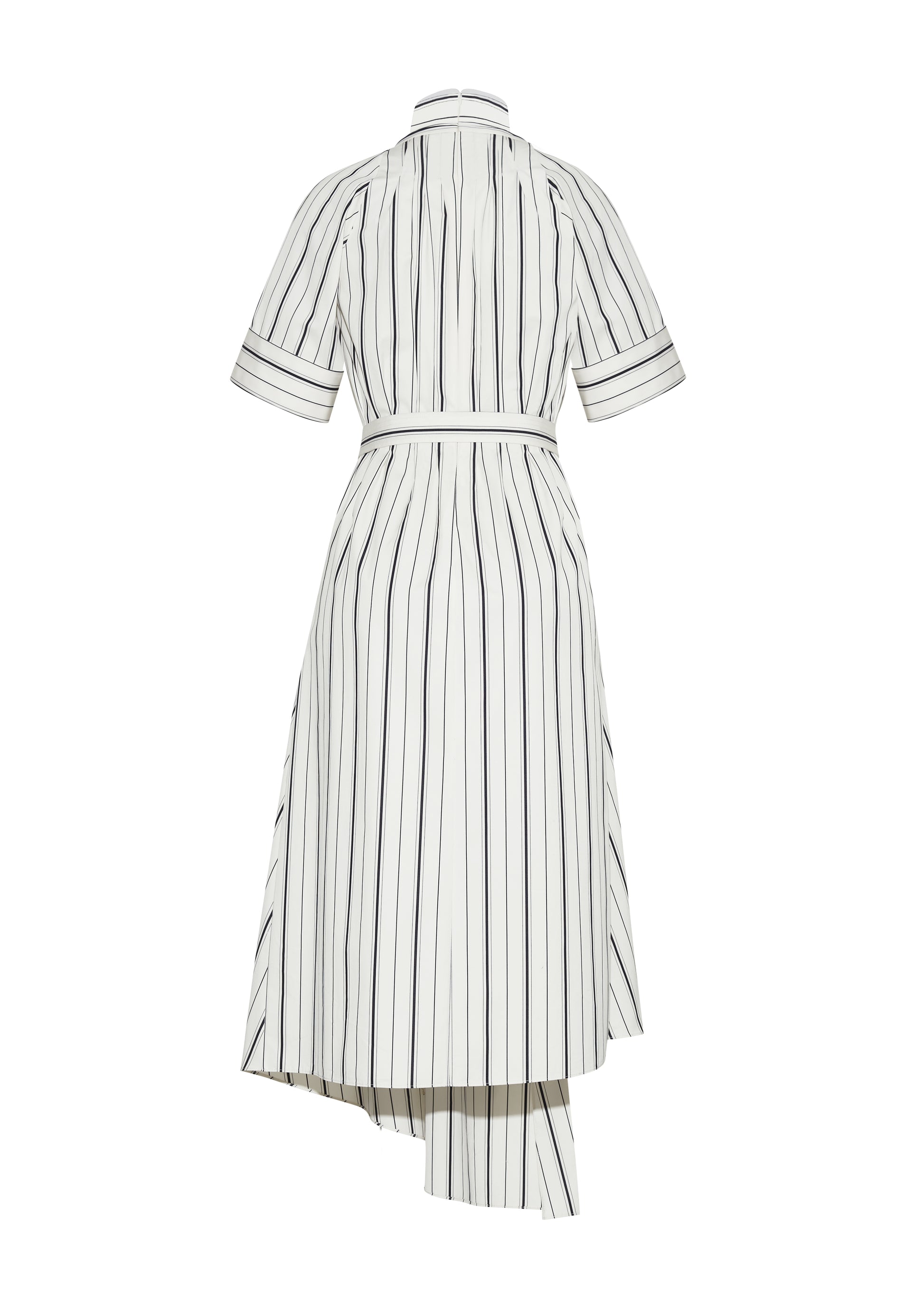 Ghost back image, P25723SS, Ivory/Black, P25 Adam Lippes collection: The Nansi Dress is crafted from crisp stripe poplin in ivory and black, featuring an asymmetrical hem that adds a modern twist to a classic design. A sleek V-neckline and short sleeves enhance its effortless sophistication, while a fabric belt cinches the waist for a defined silhouette.