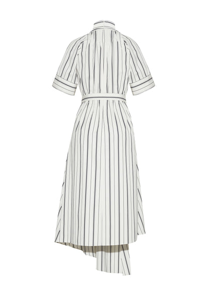 Ghost back image, P25723SS, Ivory/Black, P25 Adam Lippes collection: The Nansi Dress is crafted from crisp stripe poplin in ivory and black, featuring an asymmetrical hem that adds a modern twist to a classic design. A sleek V-neckline and short sleeves enhance its effortless sophistication, while a fabric belt cinches the waist for a defined silhouette.