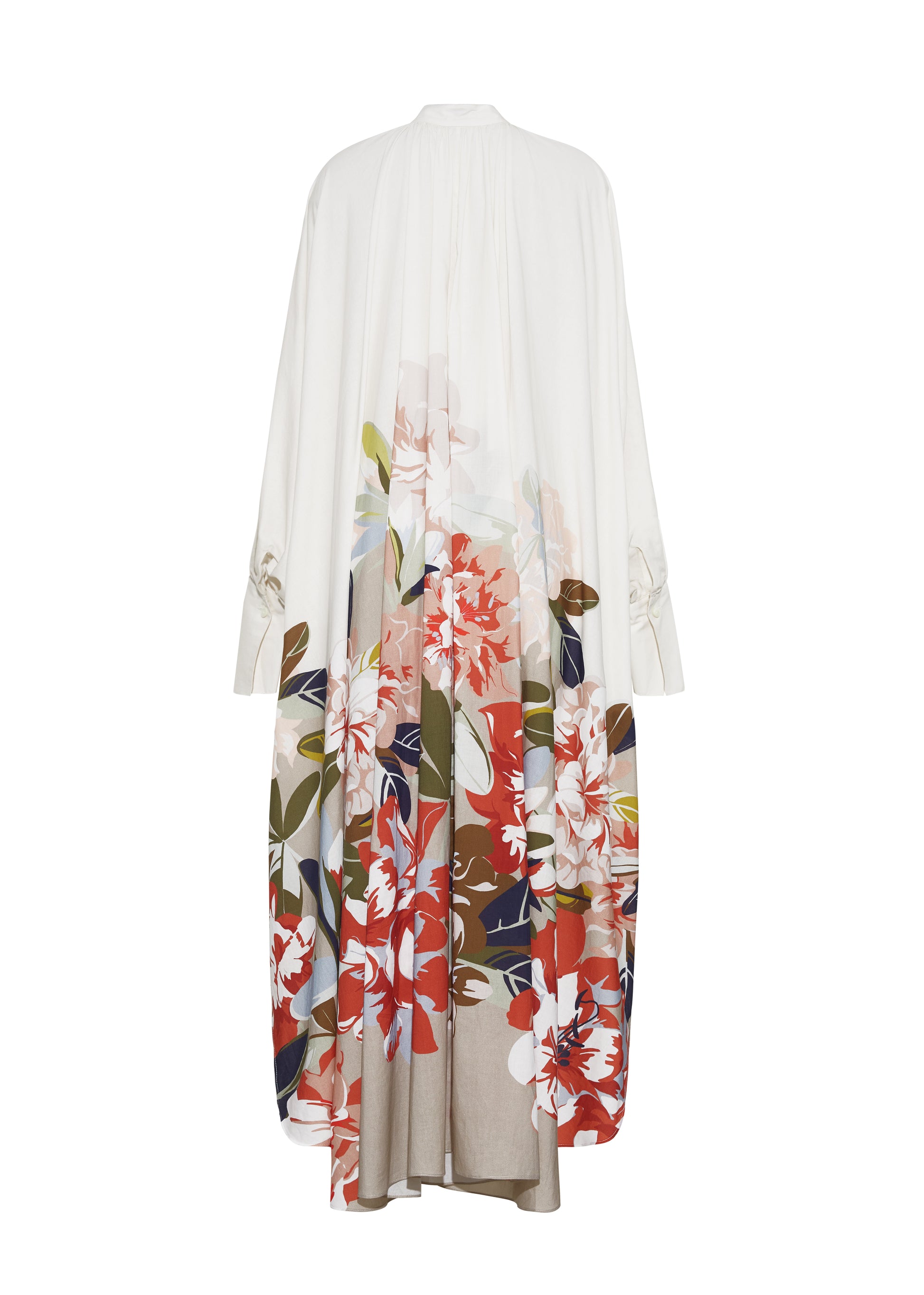 Ghost image back, P25726PV,  Rysa Caftan, Champagne/Multi, Adam Lippes P25 Collection; A new shape from the atelier, the Rysa Caftan is crafted from airy printed voile, featuring this season’s Sicily-inspired floral motif. The fluid hem adds a modern twist to the traditional caftan silhouette. With its flowing, relaxed fit, it exudes effortless elegance. Features a button loop closure and diamond monogram mother of pearl buttons.