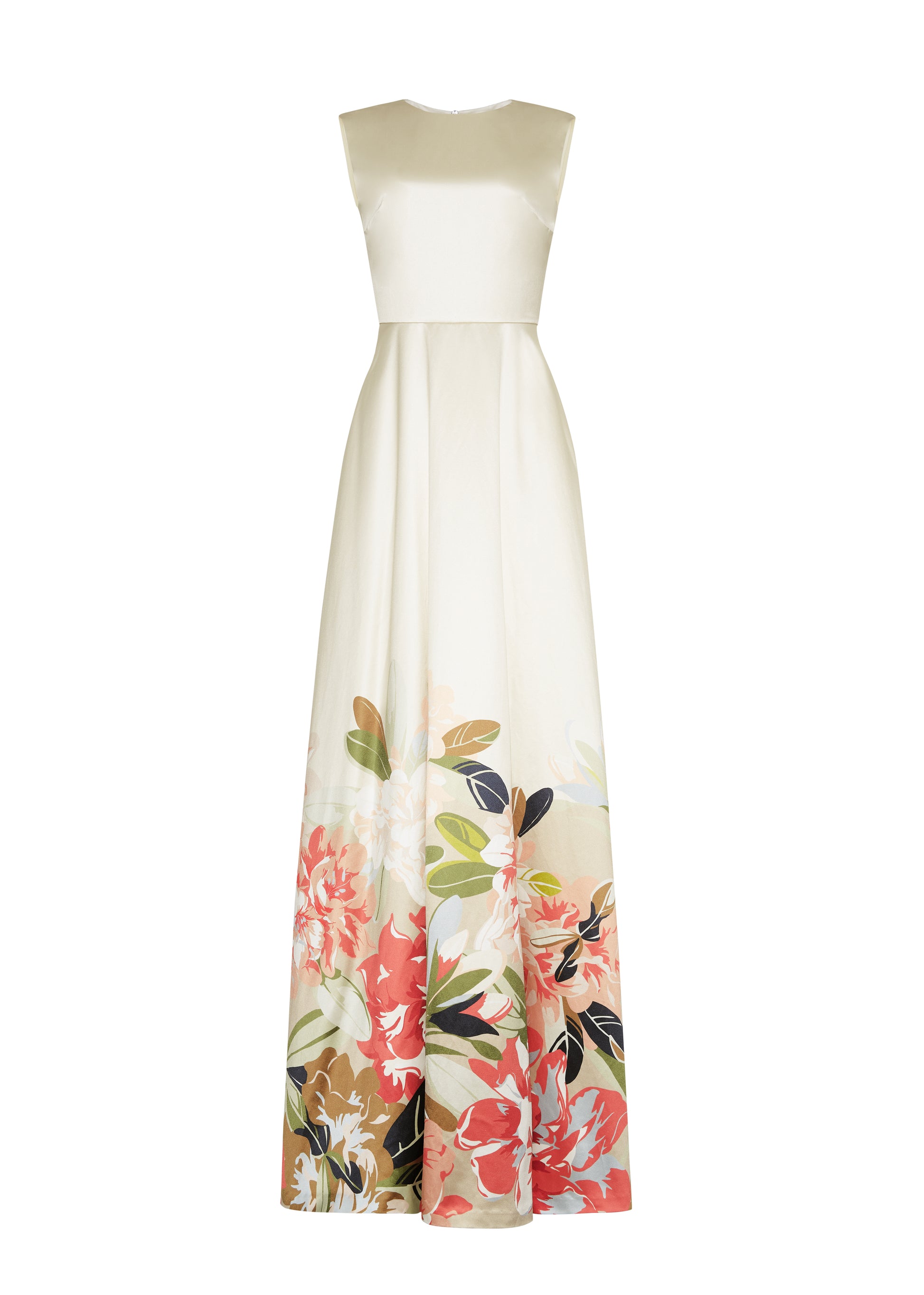 Ghost image front – Alienor Dress, P25731PU, Champagne/Multi – Adam Lippes, P25 collection: The Alienor Dress in printed duchess satin is defined by its elegant simplicity. Adorned with the Pre-Fall collection’s Sicily-inspired floral motif, it features a classic rounded neckline and flows gracefully for effortless wear.