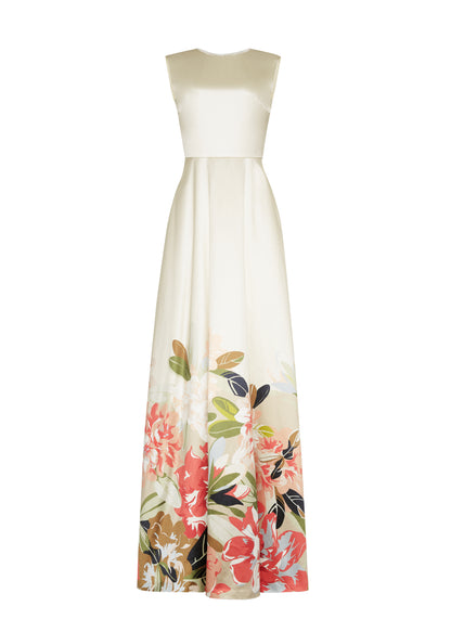 Ghost image front – Alienor Dress, P25731PU, Champagne/Multi – Adam Lippes, P25 collection: The Alienor Dress in printed duchess satin is defined by its elegant simplicity. Adorned with the Pre-Fall collection’s Sicily-inspired floral motif, it features a classic rounded neckline and flows gracefully for effortless wear.