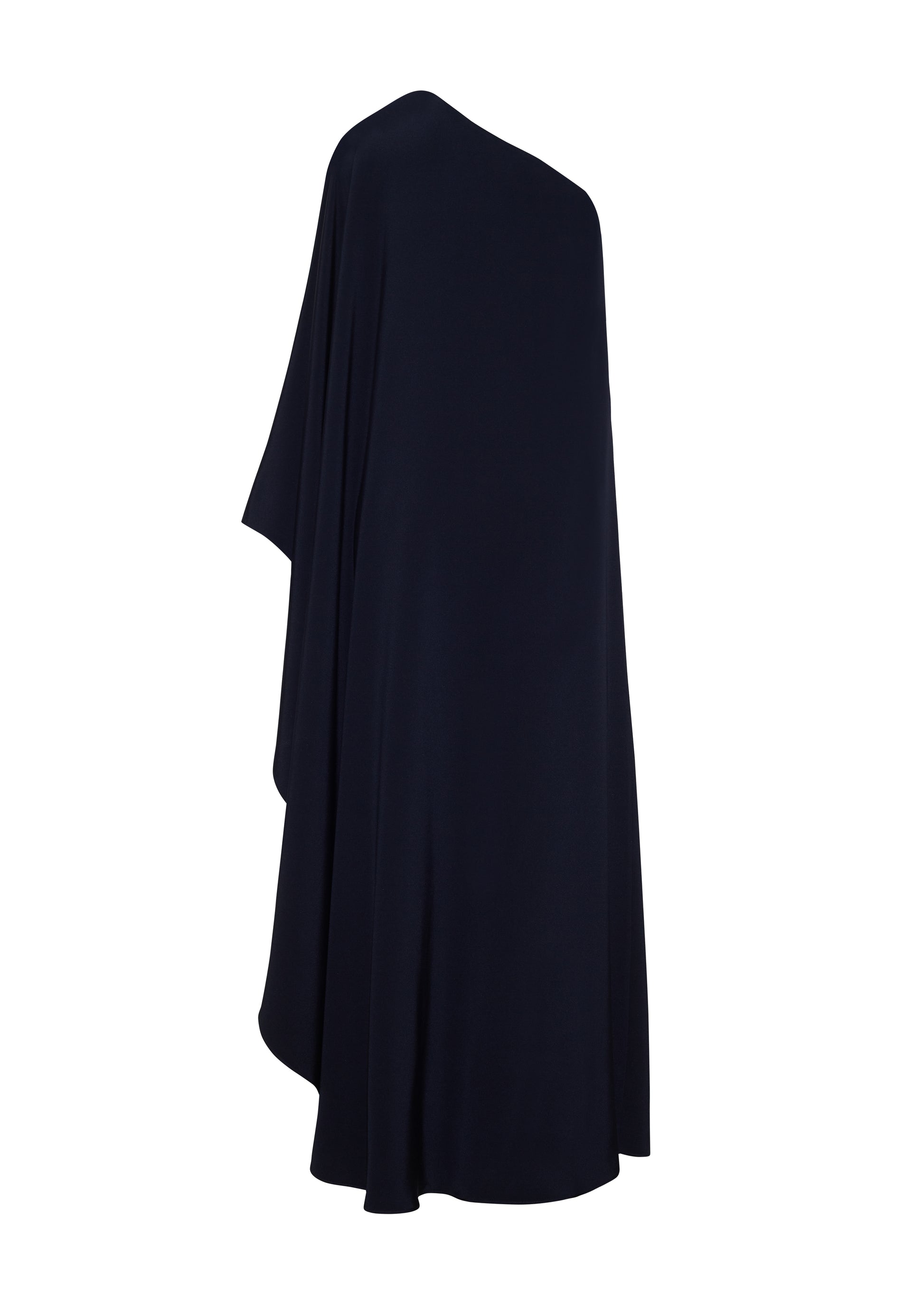 Ghost image back, P25747SE, Navy, Adam Lippes P25 Collection; The Solene Dress is a striking one-shoulder design crafted from luxurious silk crepe. The fabric drapes gracefully, creating an elegant, fluid silhouette. The asymmetrical cut is complemented by the soft, flowing lines that cascade effortlessly.