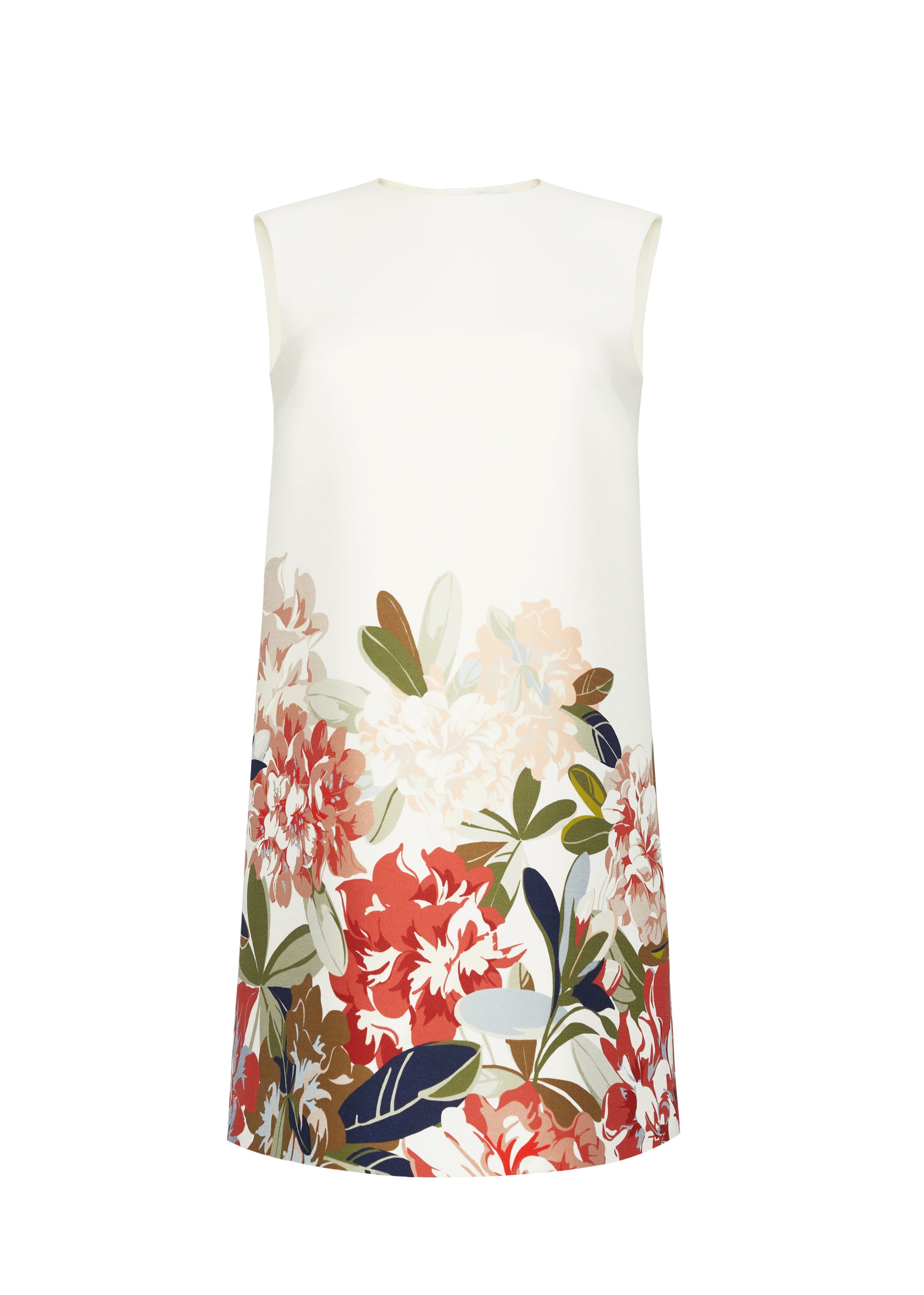 Ghost image front – ani dress, P25750PW, ivory multi – Adam Lippes, P25 collection: Rendered in luxurious silk wool, the Ani Dress features this season’s Sicily-inspired floral motif. The dress is designed with a clean, sleeveless silhouette, offering a sharp A-line shape that gracefully skims the body. 