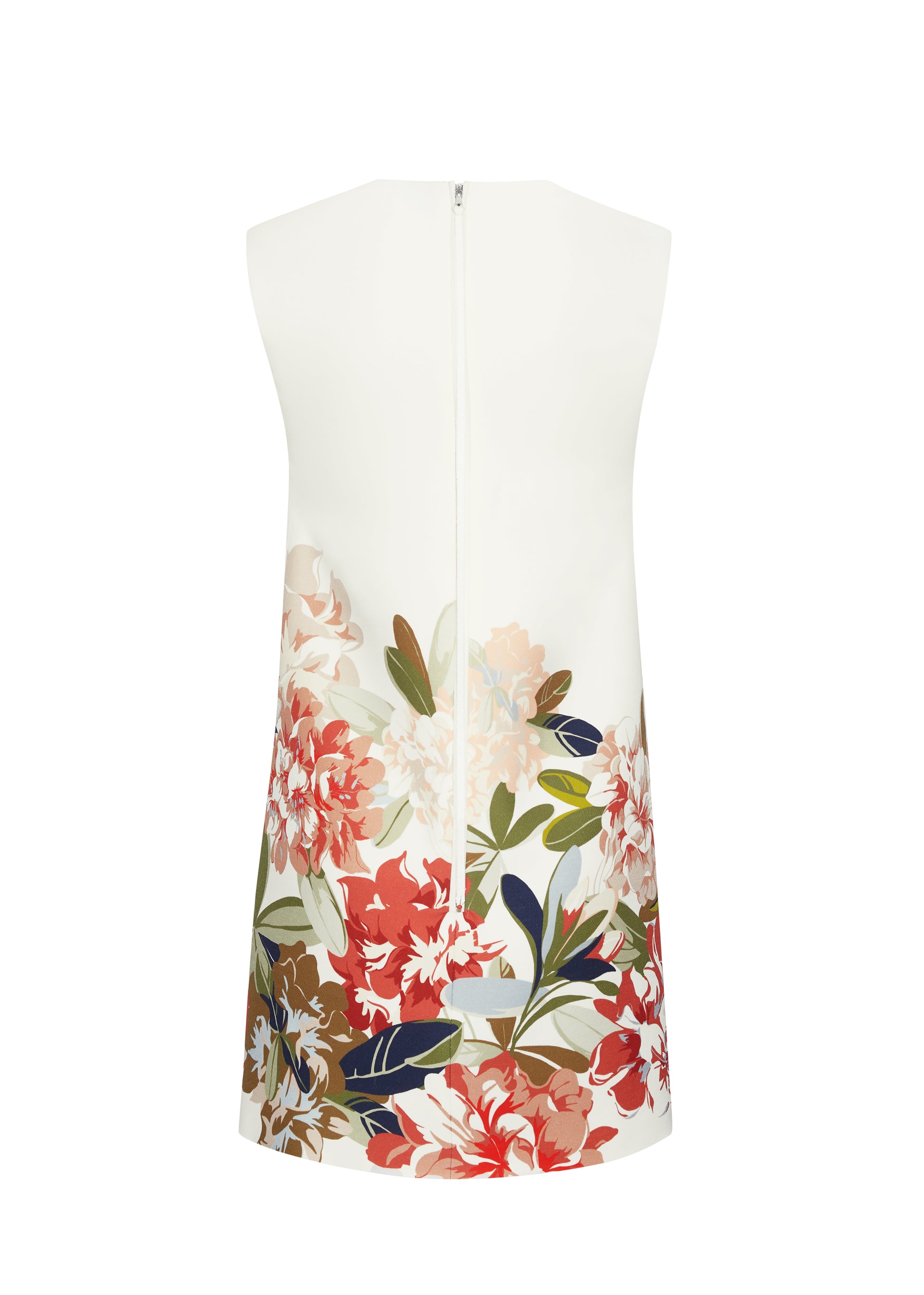 Ghost image back – ani dress, P25750PW, ivory multi – Adam Lippes, P25 collection: Rendered in luxurious silk wool, the Ani Dress features this season’s Sicily-inspired floral motif. The dress is designed with a clean, sleeveless silhouette, offering a sharp A-line shape that gracefully skims the body. 