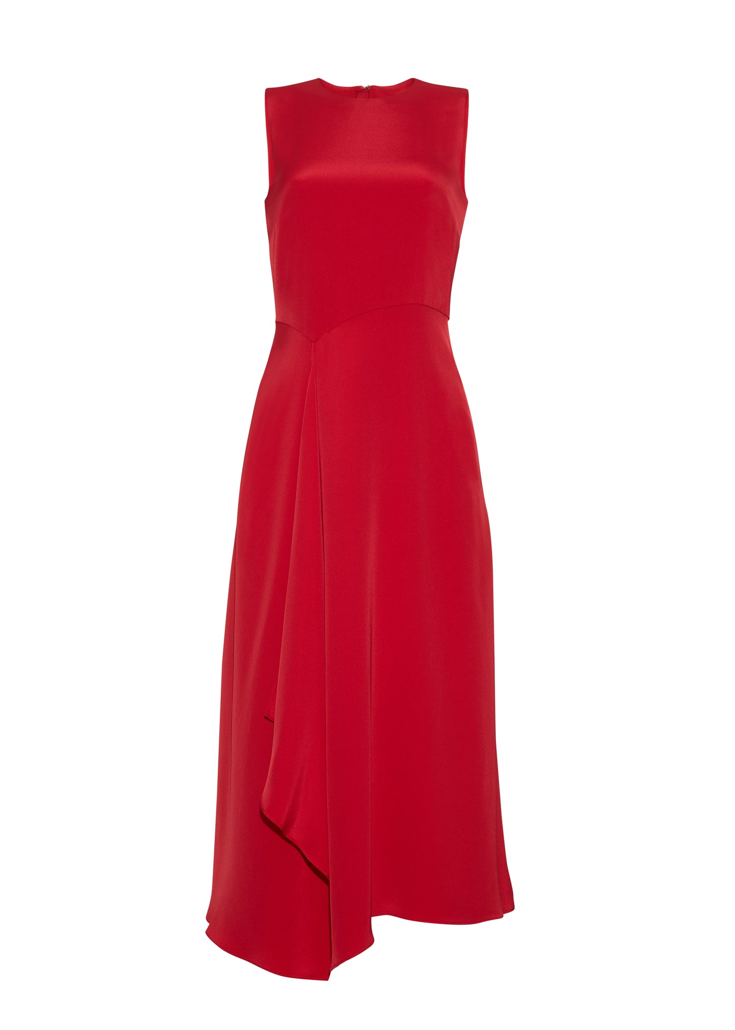 Ghost image front – Lynn Dress, P25753SE, Poppy – Adam Lippes, P25 collection: The Lynn Dress introduces a striking new silhouette in silk crepe. This sleeveless design features a softly contoured waistline and an asymmetric draped panel, creating a dynamic and effortless shape.