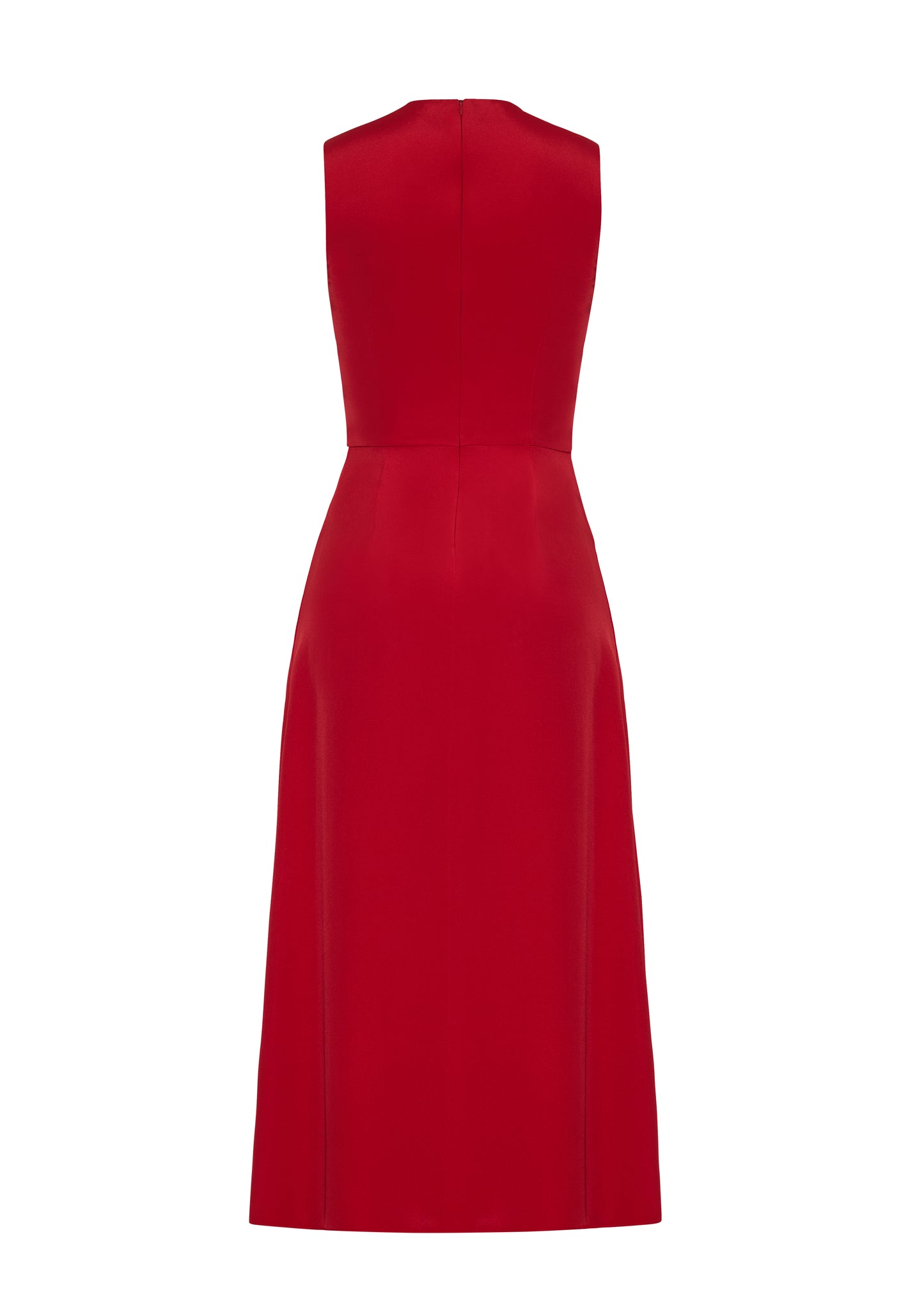 Ghost image back – Lynn Dress, P25753SE, Poppy – Adam Lippes, P25 collection: The Lynn Dress introduces a striking new silhouette in silk crepe. This sleeveless design features a softly contoured waistline and an asymmetric draped panel, creating a dynamic and effortless shape.