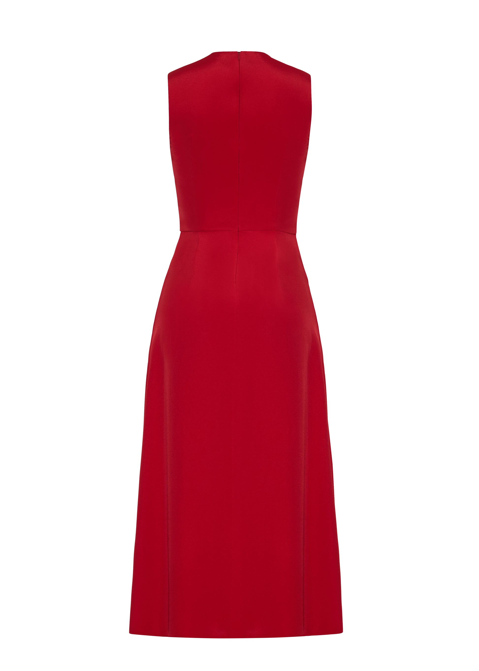 Ghost image back – Lynn Dress, P25753SE, Poppy – Adam Lippes, P25 collection: The Lynn Dress introduces a striking new silhouette in silk crepe. This sleeveless design features a softly contoured waistline and an asymmetric draped panel, creating a dynamic and effortless shape.