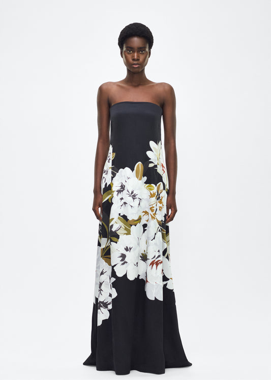 Model facing front, P25761PD, the Marais Dress in Black/white, Adam Lippes P25 Collection, The strapless silhouette of the Marais Dress offers an elegant, flowing shape for formal occasions. Luminous silk is beautifully adorned with this season’s Sicily-inspired floral motif.
