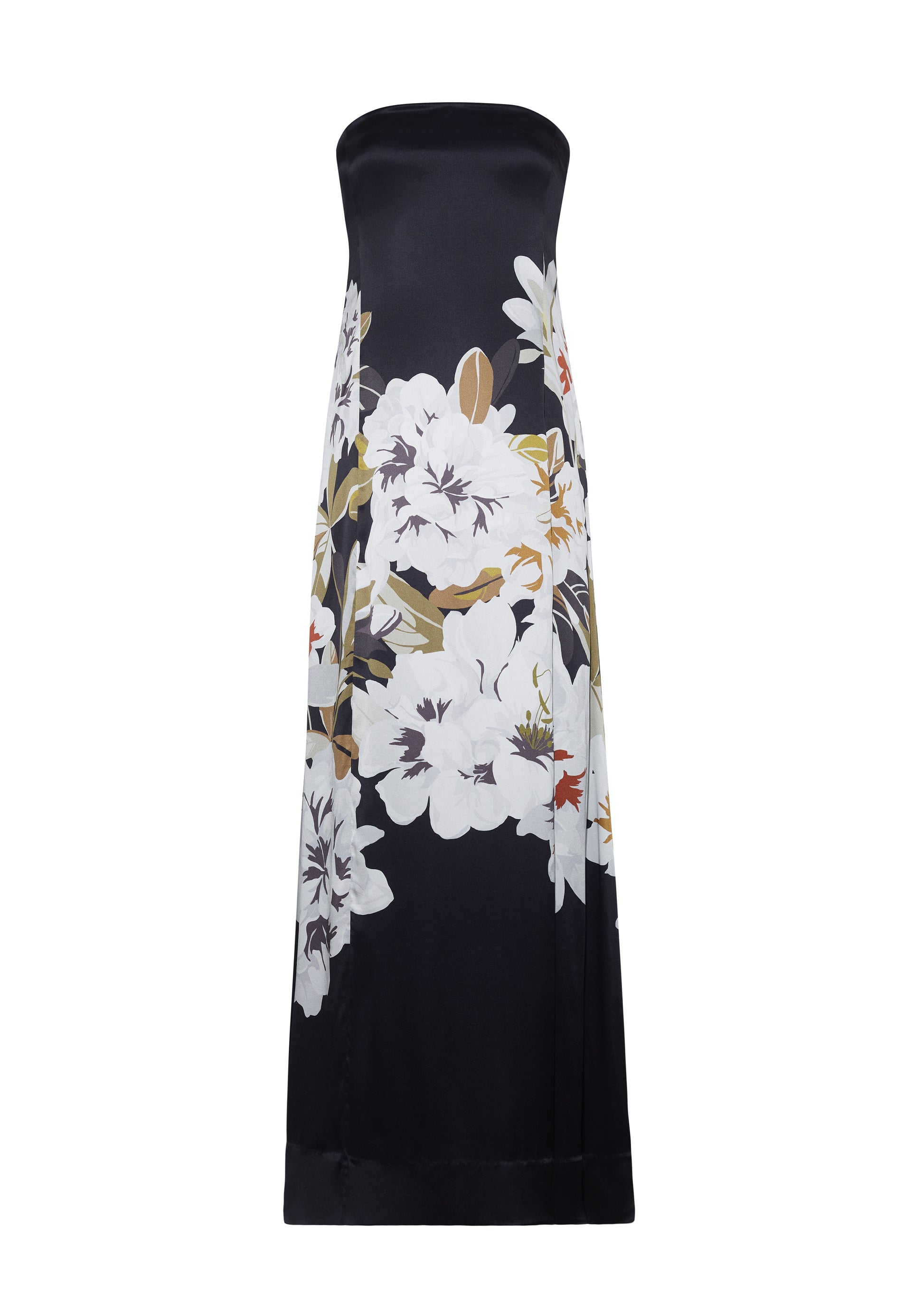 Ghost image Front P25761PD, the Marais Dress in Black/white, Adam Lippes P25 Collection, The strapless silhouette of the Marais Dress offers an elegant, flowing shape for formal occasions. Luminous silk is beautifully adorned with this season’s Sicily-inspired floral motif.