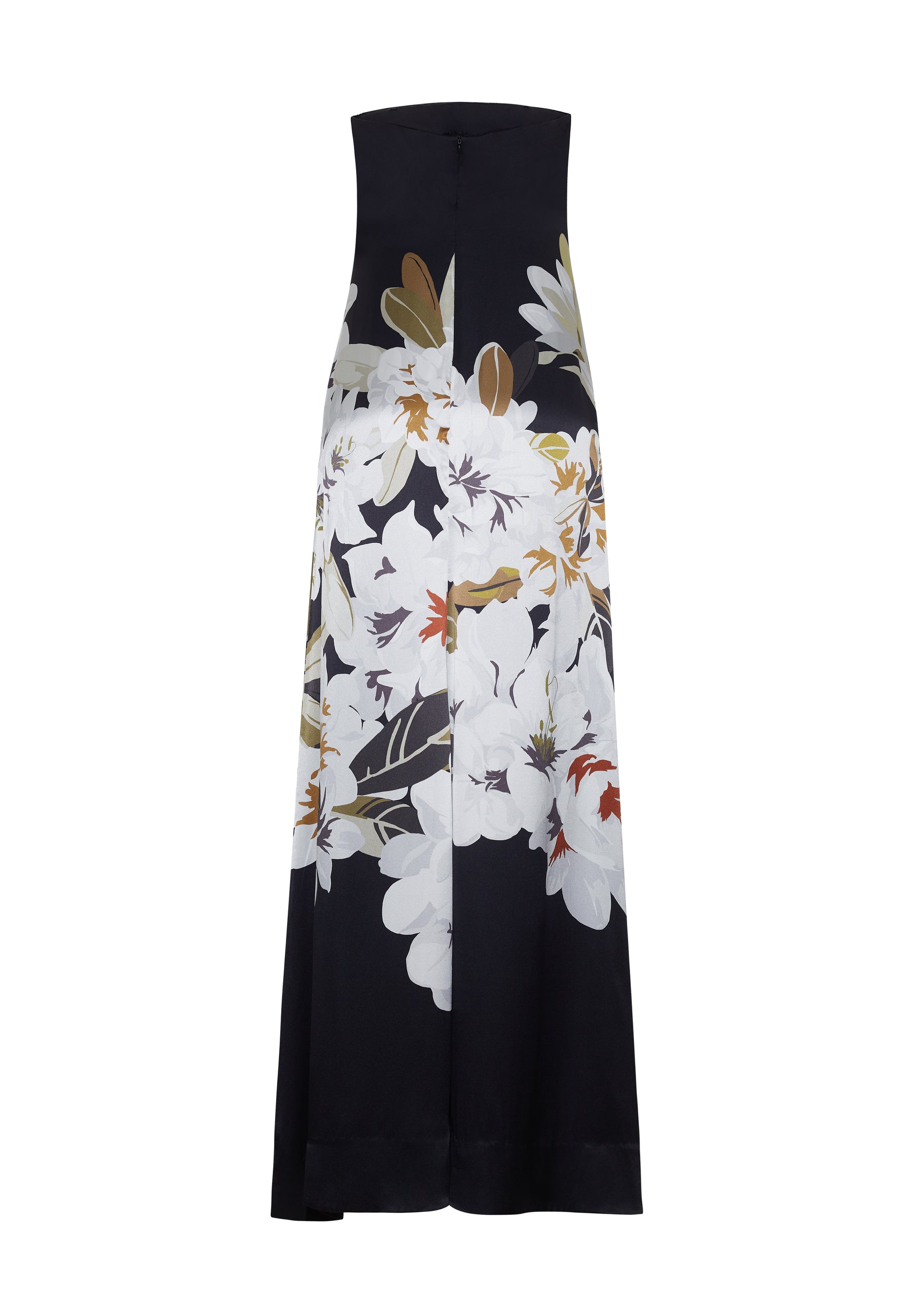 Ghost image back P25761PD, the Marais Dress in Black/white, Adam Lippes P25 Collection, The strapless silhouette of the Marais Dress offers an elegant, flowing shape for formal occasions. Luminous silk is beautifully adorned with this season’s Sicily-inspired floral motif.