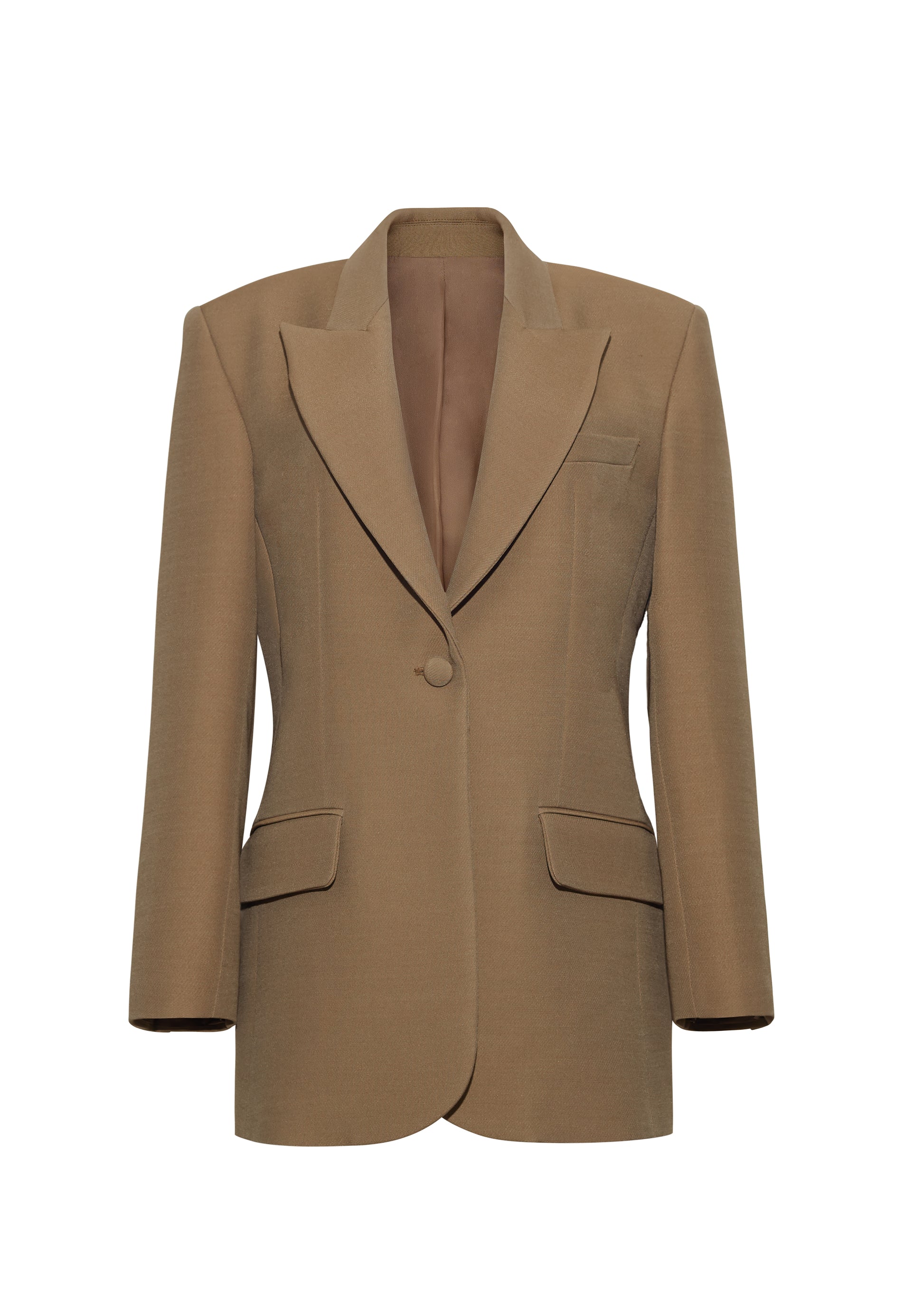 Ghost image front, wearing the brody jacket in military green color, Adam Lippes P25 collection, A signature shape from the atelier, the Brody Jacket is crafted from luxurious silk wool, offering a soft yet structured silhouette. Designed with a single button closure, front pockets, and a sleek notched collar, this jacket effortlessly elevates any ensemble.