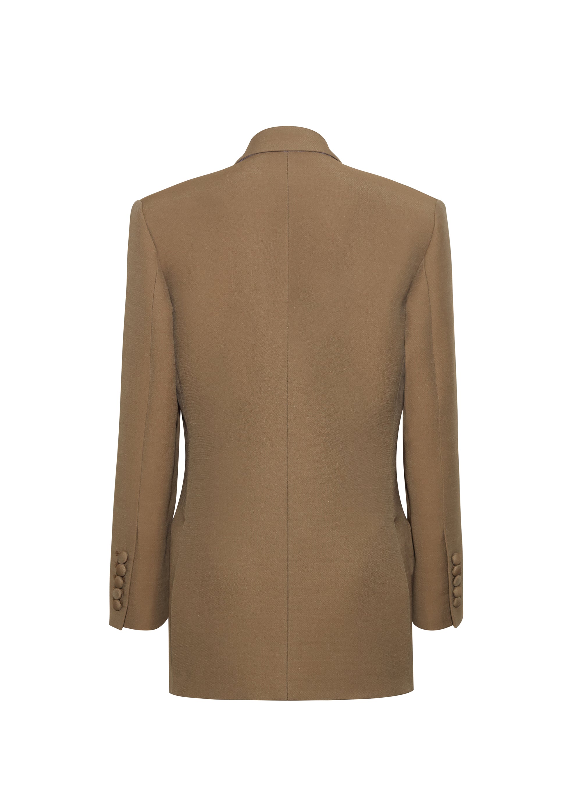 Ghost image back, wearing the brody jacket in military green color, Adam Lippes P25 collection, A signature shape from the atelier, the Brody Jacket is crafted from luxurious silk wool, offering a soft yet structured silhouette. Designed with a single button closure, front pockets, and a sleek notched collar, this jacket effortlessly elevates any ensemble.