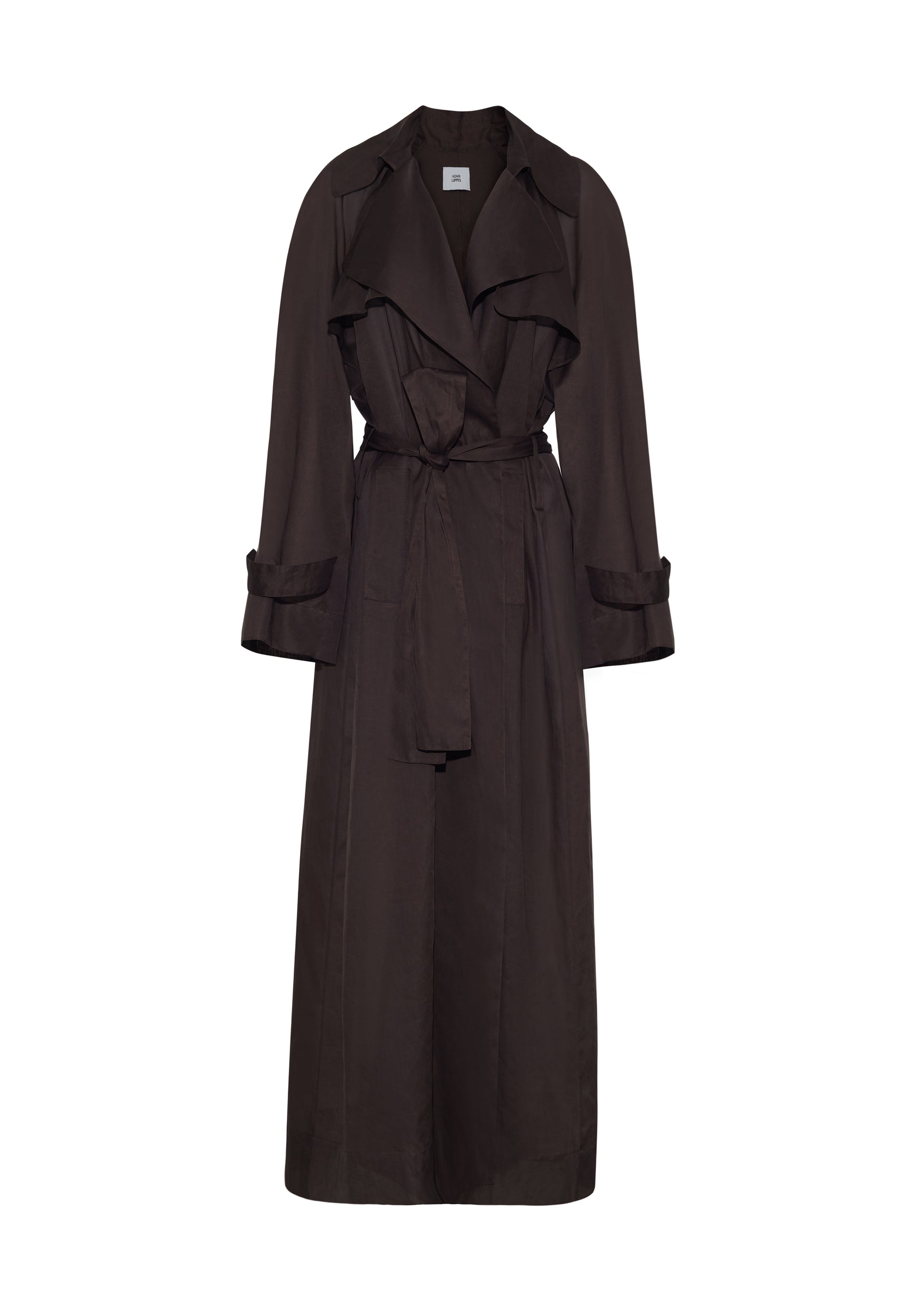 Ghost image front, the Jupiter Trench, P25 Adam Lippes Collection, color Ebony. The Jupiter Trench is crafted from lightweight cotton organdy, offering a semi-sheer, airy feel. Finished with the Adam Lippes diamond motif, embroidered in silk charmeuse at the back, and designed with a belt to cinch the waist, creating a sleek silhouette with considered details.