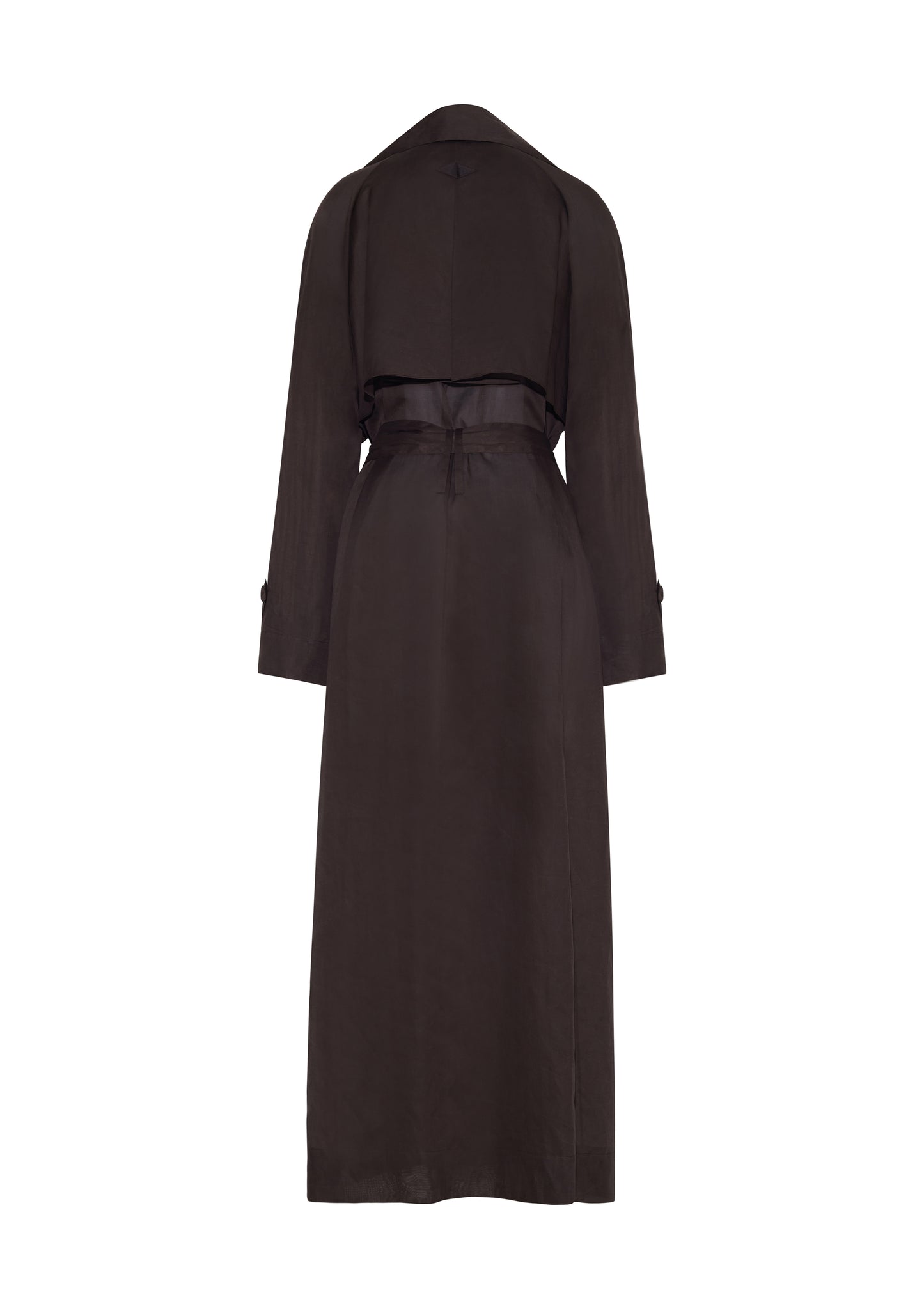 Ghost image back, the Jupiter Trench, P25 Adam Lippes Collection, color Ebony. The Jupiter Trench is crafted from lightweight cotton organdy, offering a semi-sheer, airy feel. Finished with the Adam Lippes diamond motif, embroidered in silk charmeuse at the back, and designed with a belt to cinch the waist, creating a sleek silhouette with considered details.