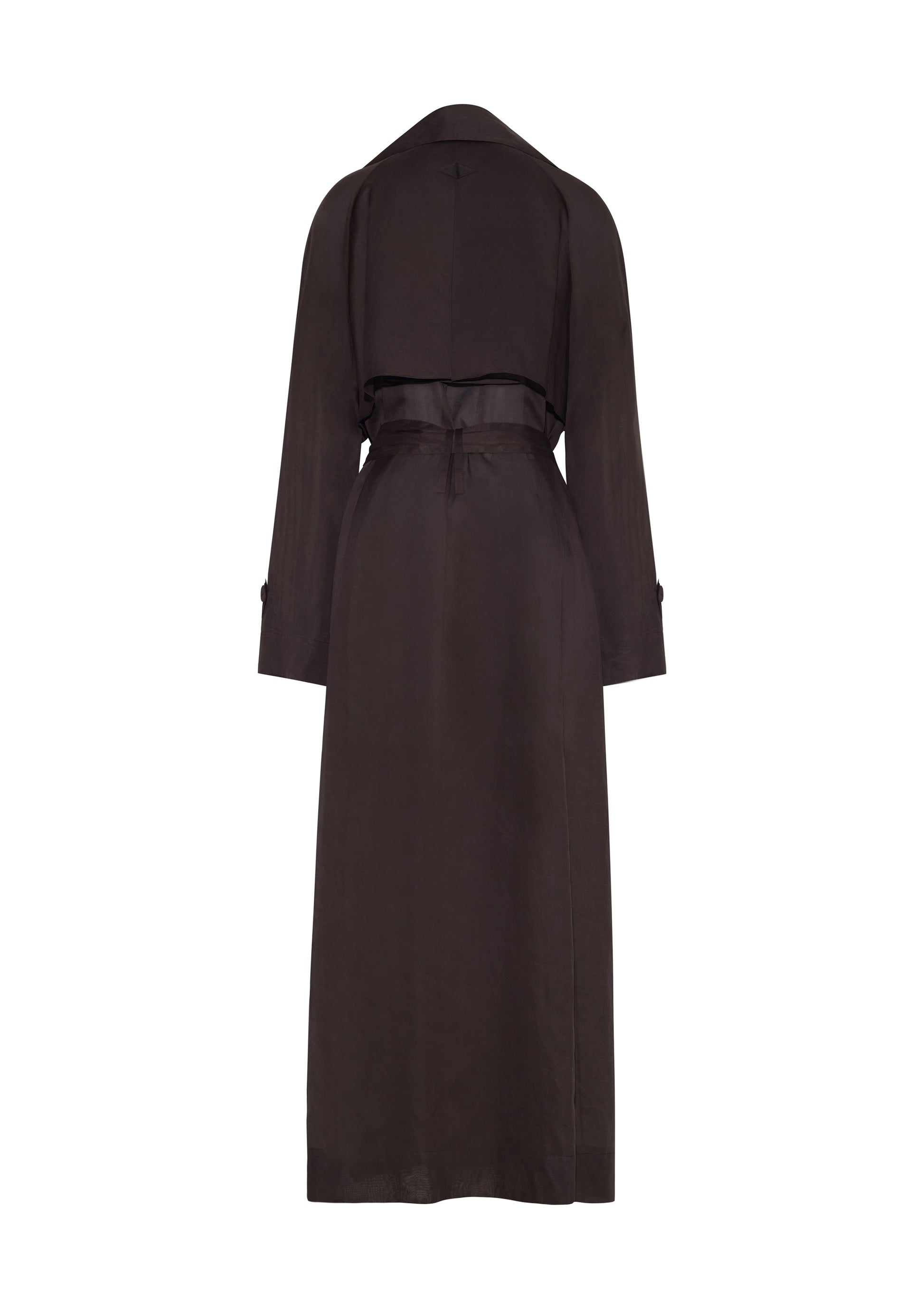 Ghost image back, the Jupiter Trench, P25 Adam Lippes Collection, color Ebony. The Jupiter Trench is crafted from lightweight cotton organdy, offering a semi-sheer, airy feel. Finished with the Adam Lippes diamond motif, embroidered in silk charmeuse at the back, and designed with a belt to cinch the waist, creating a sleek silhouette with considered details.