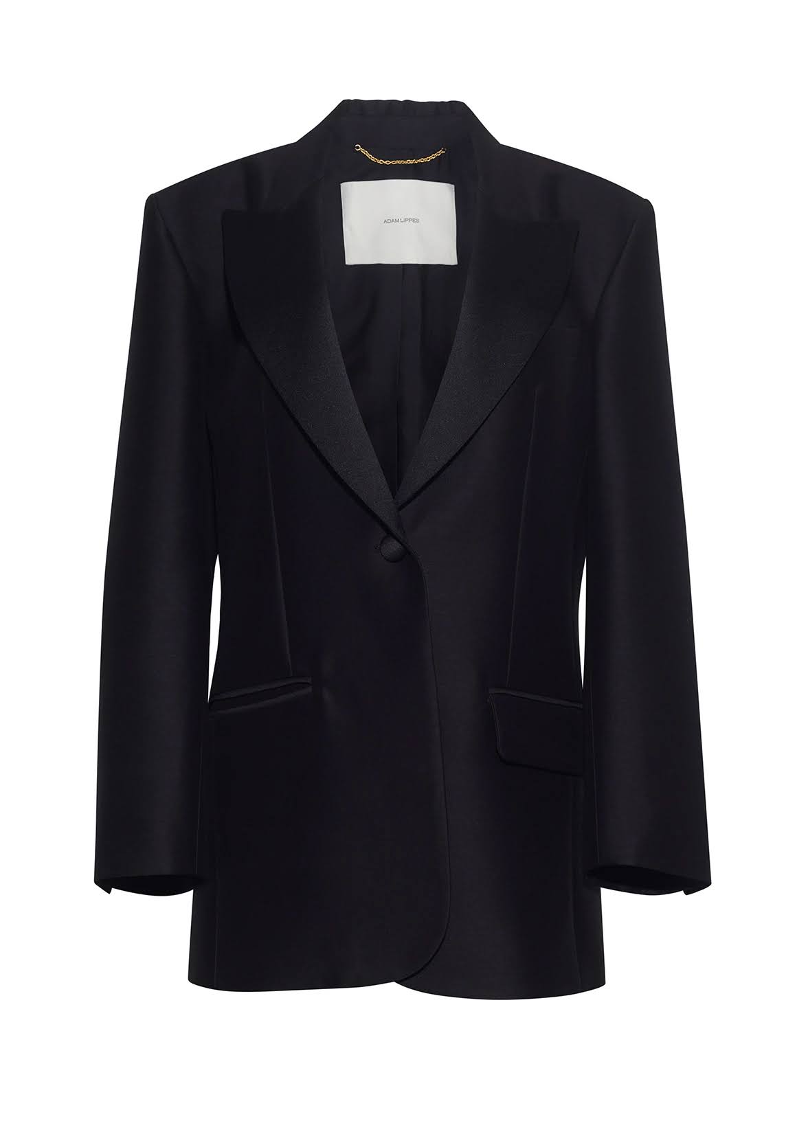 ghost image showing front of tux jacket in radzimir wool in black by Adam Lippes