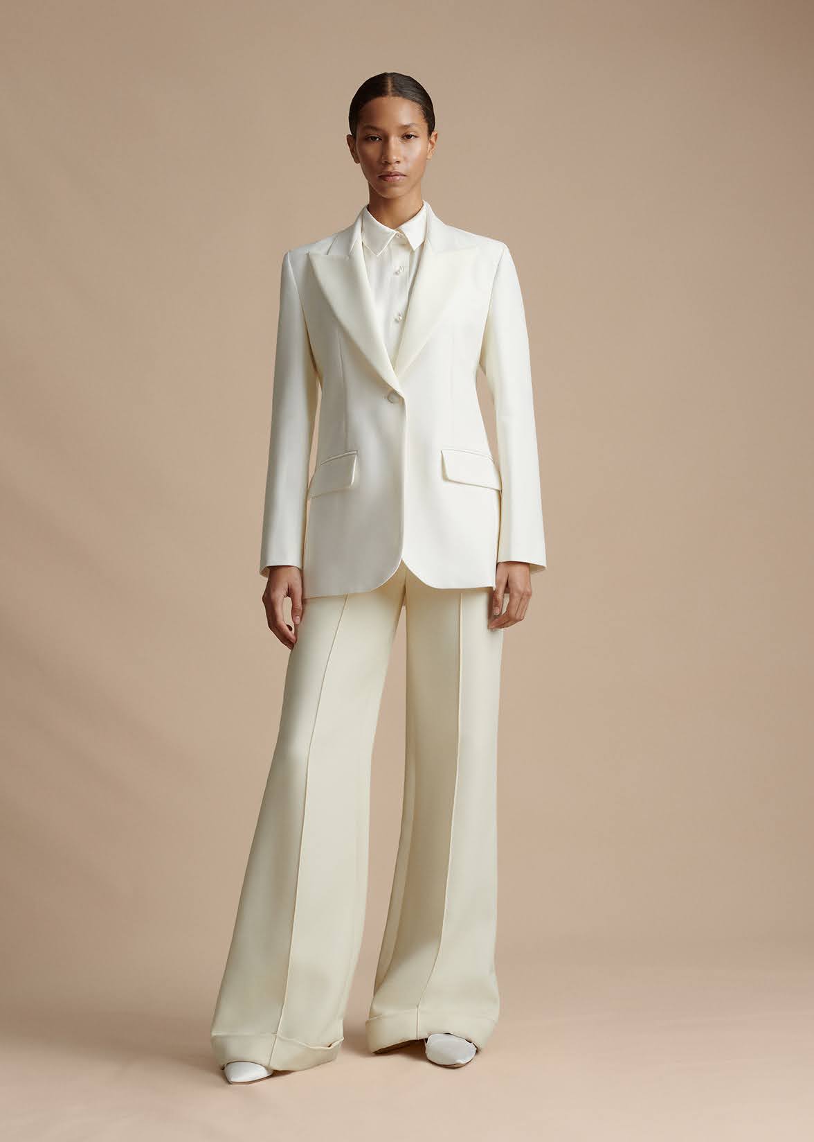 full body front facing image model wearing the the tux jacket in radzimir wool in ivory by Adam Lippes