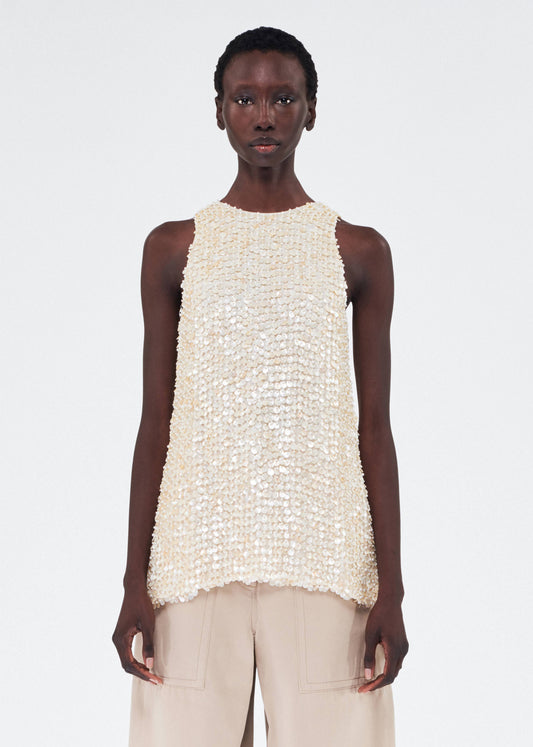 Front of model wearing the Rami Top in Embroidered Mother of Pearl