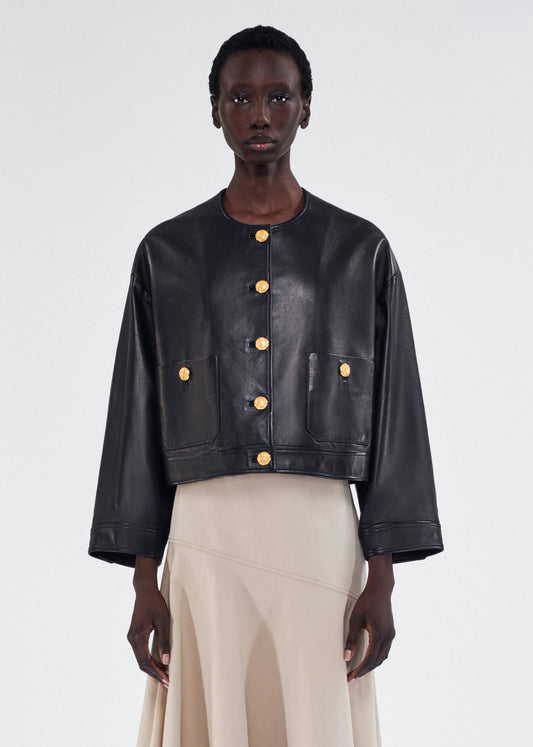 on figure front image of the Adam Lippes Nessy Jacket in Leather Black